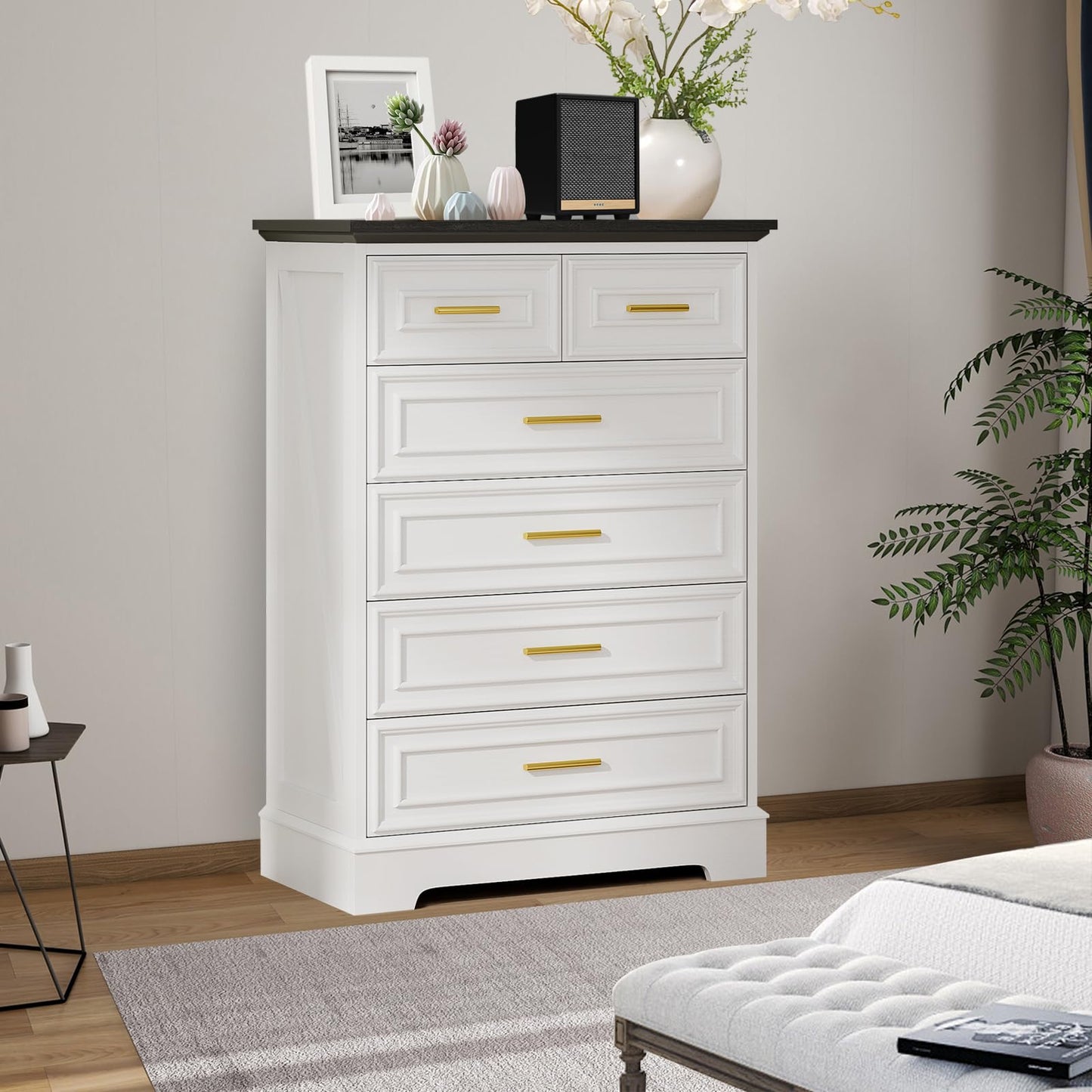 Virabit White Dresser for Bedroom with 6 Drawers, 44" Tall Wooden Farmhouse Cabinet, Modern Kids Dresser with Metal Handle, Mid Century Chest of Organizer for Closet, Living Room, Hallway