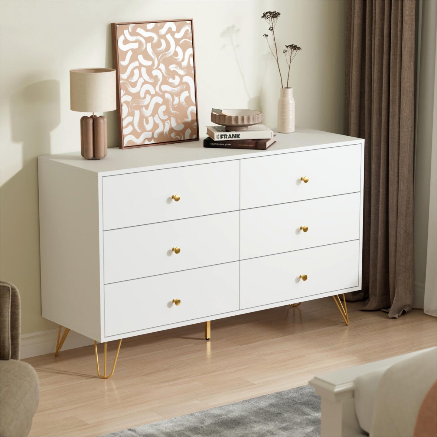 Tradare White Dresser for Bedroom, 6 Drawer Dresser with Golden Handles, Large Storage Cabinet, Modern Chest of Drawers Organizer Storage for Hallyway, Entryway