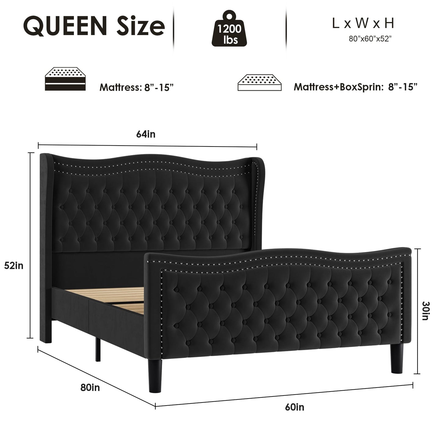 VINTLJUS Queen Bed Frame with Tall Headboard & Footboard, Velvet Upholstered Platform Bed Frame with Deep Button Tufted Wingback, No Box Spring Needed, Noise Free, Black