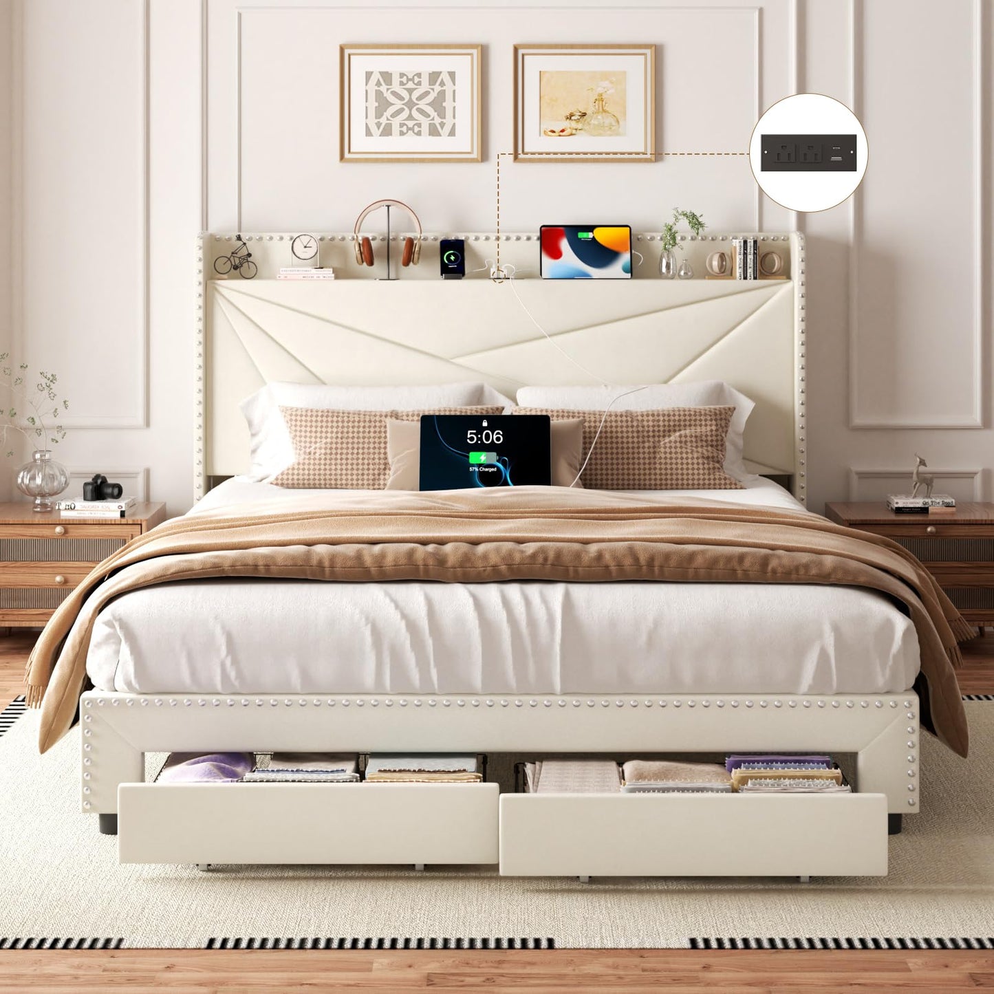viplov King Size Bed Frame with 2 Large Drawers, Storage Headboard Built-in Charging Station, Modern Chic Rivet Design, Easy Assembly, No Box Spring Required, Noise-Free, Beige