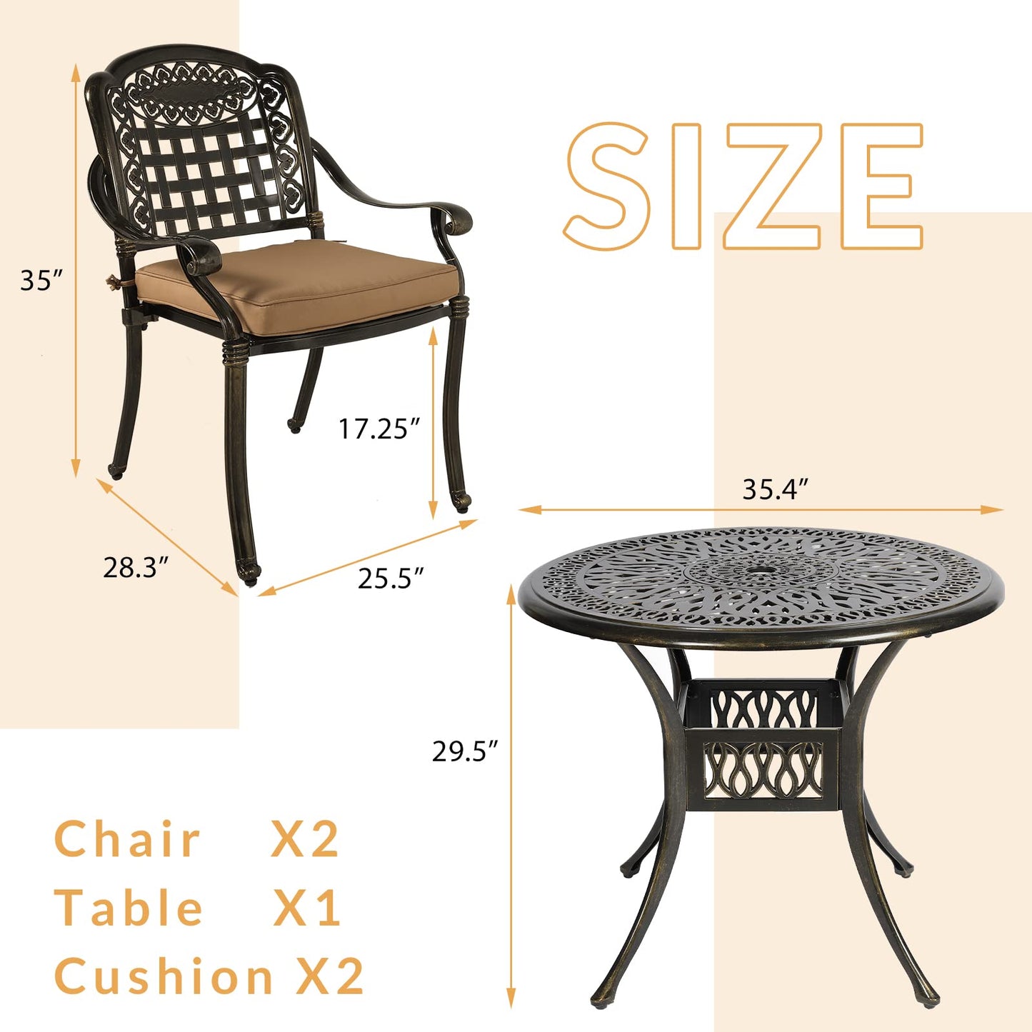 W WARMHOL 3-Piece Outdoor Patio Dining Set, All-Weather Cast Aluminum Patio Furniture Set for Backyard Garden Deck with 2 Chairs and 35.4” Round Table, 2" Umbrella Hole