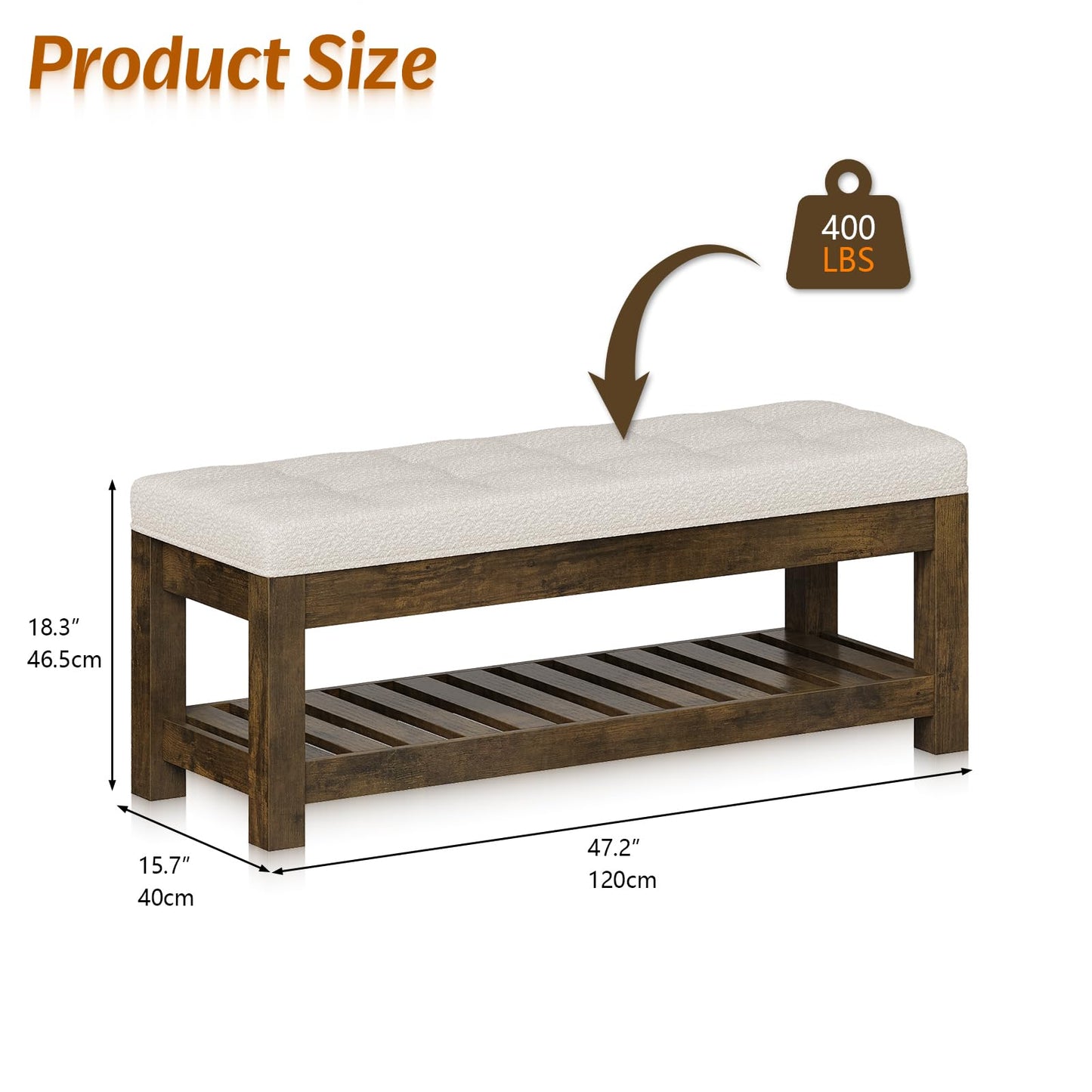 Welfuturer Large Upholstered Ottoman Bench Entryway Storage Benches Tufted Linen Ottoman Bench with Solid Wood Shelf Padded End of Bed Bench for Bedroom Living Room Hallway Decor