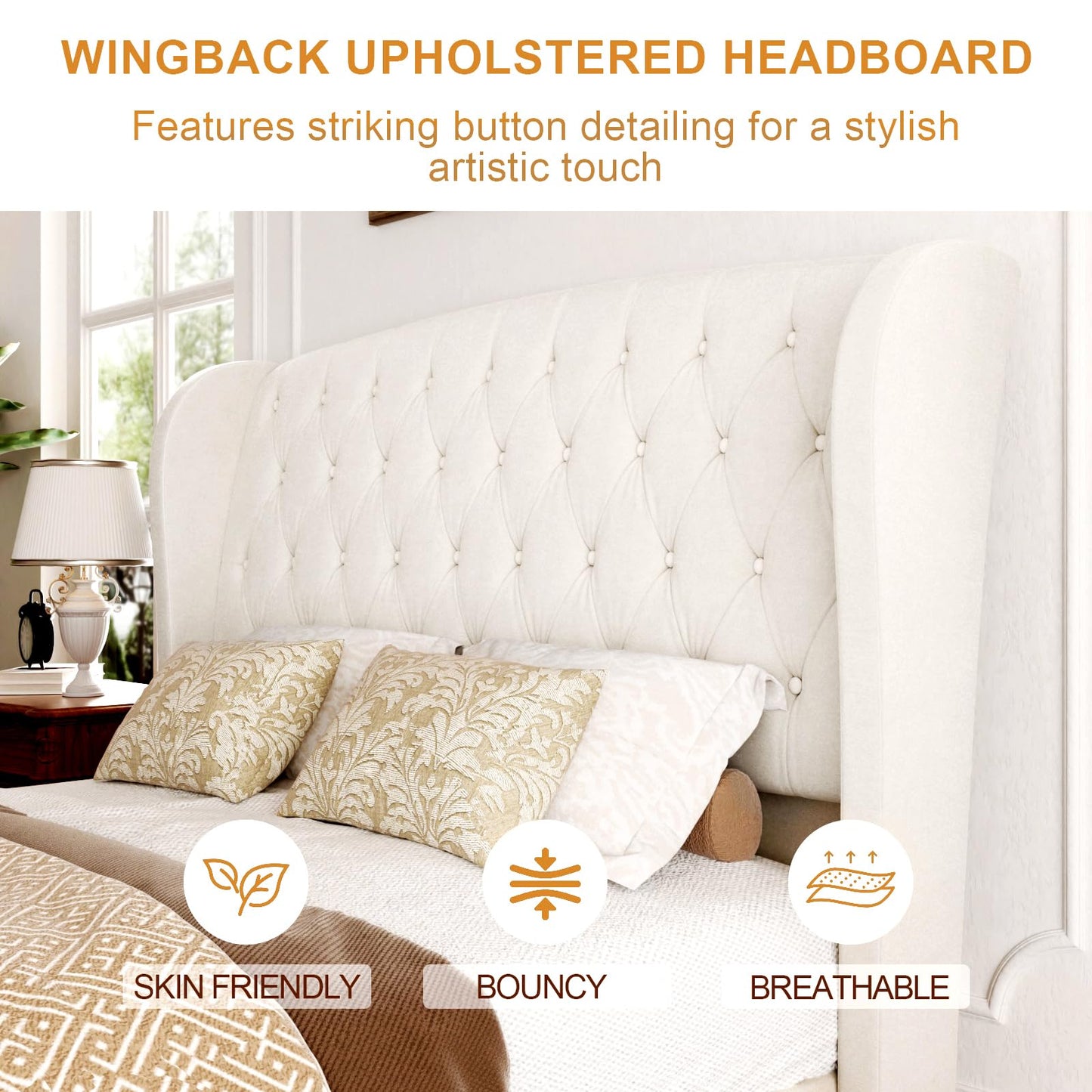 viplov Queen Size Platform Bed Frame, Chenille Upholstered Sleigh Bed with Scroll Wingback Headboard & Footboard, 52" Tall Headboard, Button Tufted, No Box Spring Required, Wood Slats Support, Beige