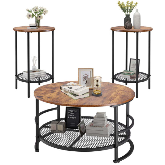 VEVOR 3 Pieces Round Coffee Table Sets, 31.5 in Industrial Living Room Table with 2 End Side Tables, Easy Assembly Coffee and End Tables Sets with Metal Legs, for Office, Living Room and Apartment