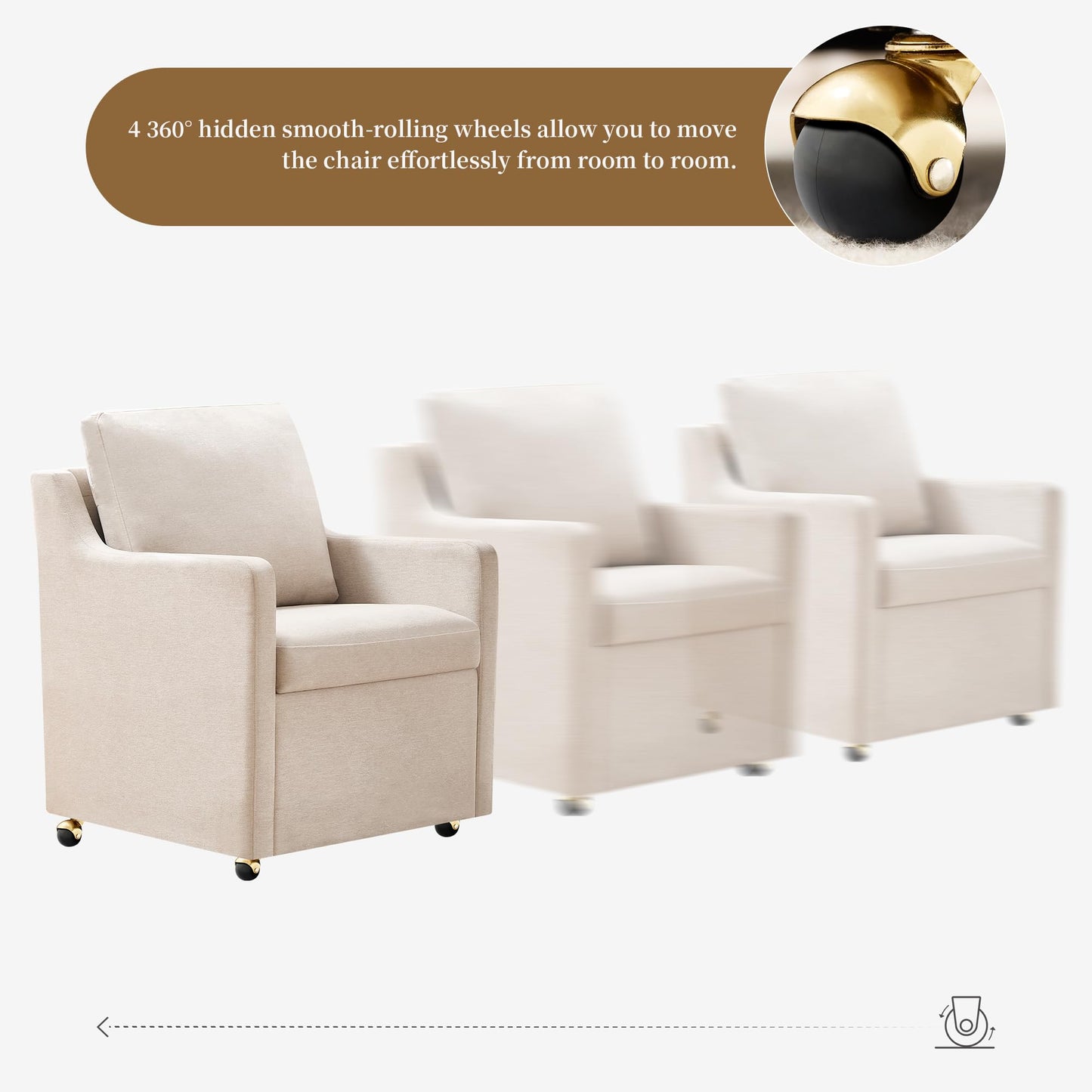 VIKAYAMICS Modern Dining Chair, Linen Upholstered Dining Chairs with Back Pillow and 4 Casters, Accent Armchair for Reading Room Living Room Bedroom