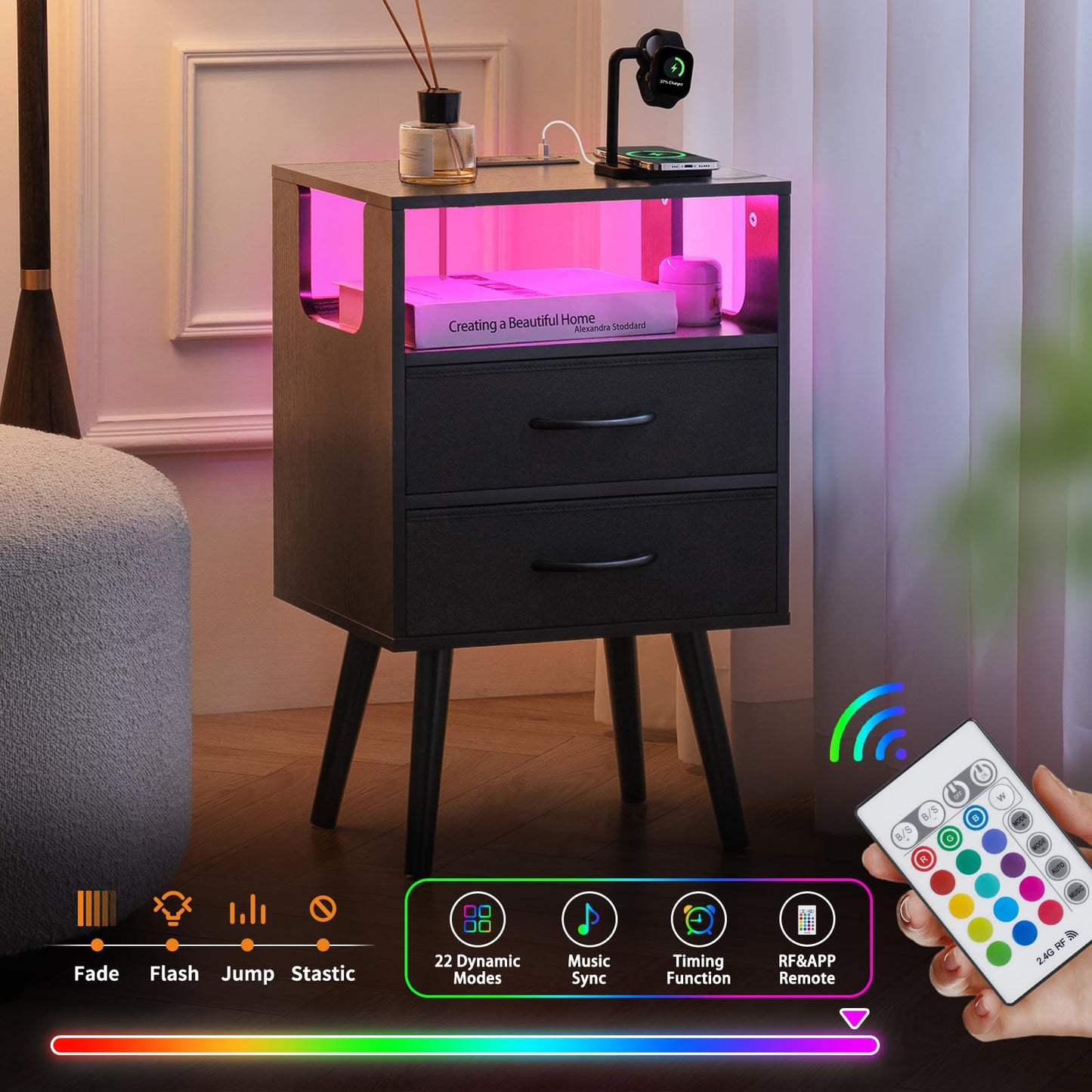 Yoobure LED Night Stand with Charger Station, Mid Century Modern Nightstand with Fabric Drawers, Bedside Table Nightstands with Storage Shelf, Bed Side Table Small Night Stands for Bedroom Living Room