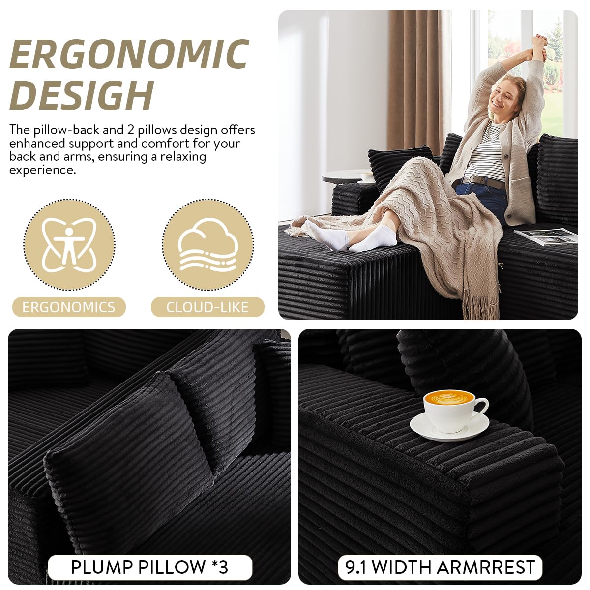 104 Inch Cloud Sectional Couch with L-Shape Chaise,Modern Upholstered Couches with Deep Seat,Corduroy Sponge Compressed Sofa for Living Room,No Assembly Required (Black)