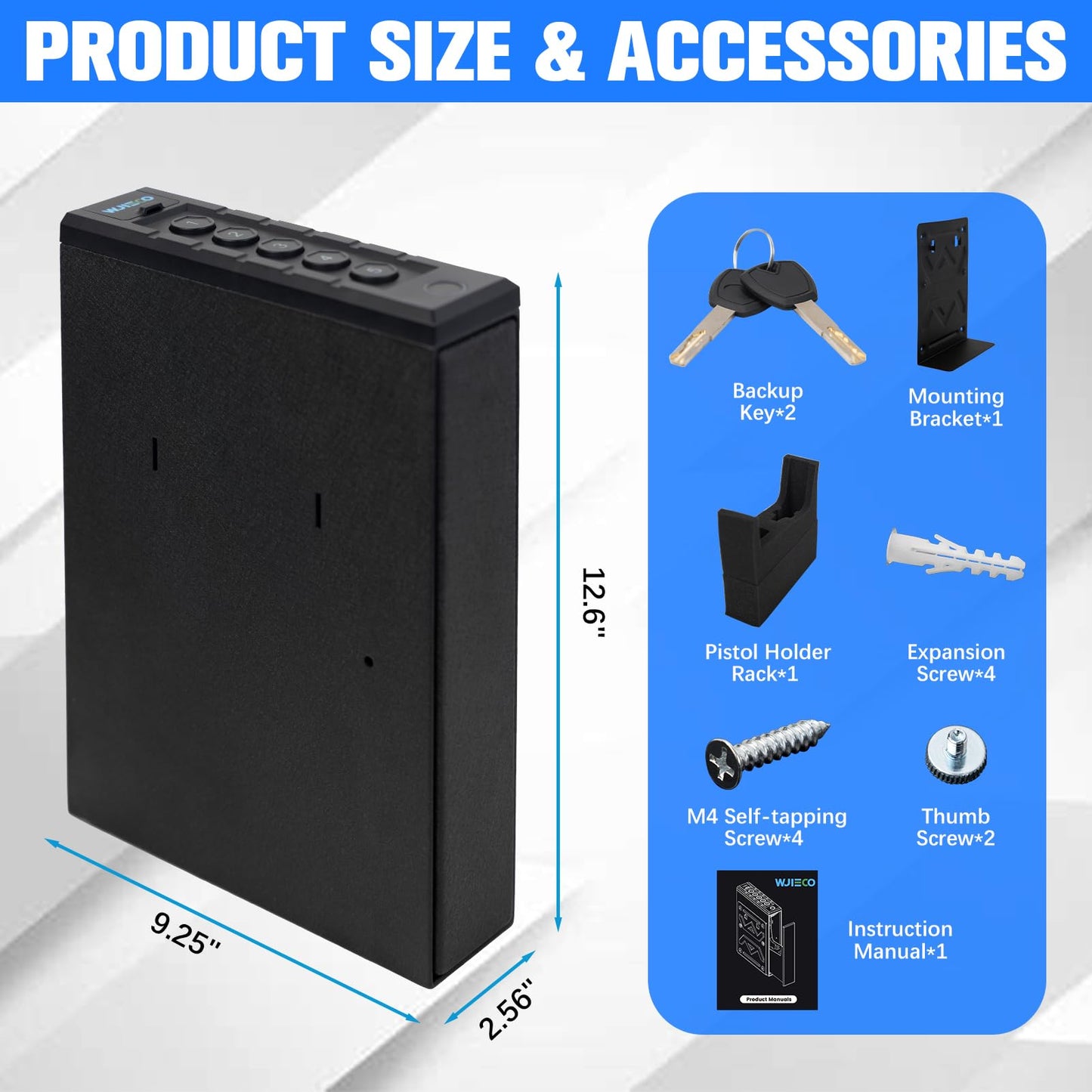 WJIECO Slider Biometric Pistol Safe 3 Ways Quick Access with Fingerprint/Keypad/Key Lock for Nightstand Bed Desk