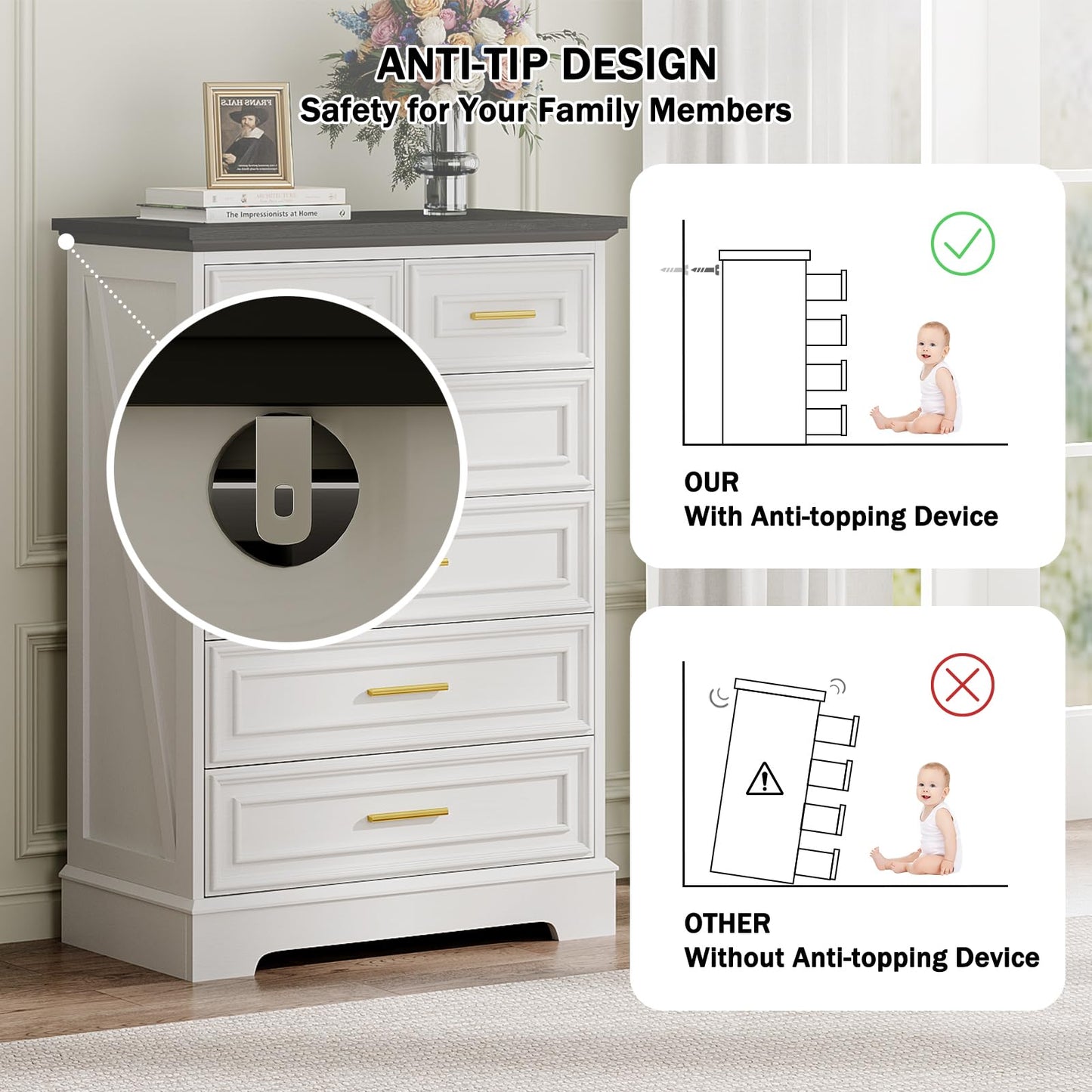 Virabit White Dresser for Bedroom with 6 Drawers, 44" Tall Wooden Farmhouse Cabinet, Modern Kids Dresser with Metal Handle, Mid Century Chest of Organizer for Closet, Living Room, Hallway