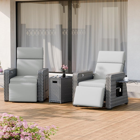 WELYAS Outdoor Recliner Adjustable Wicker Lounge Chairs with Flip Table Extended Patio Reclining Chair & Thick Cushion for Balcony, Porch, Living Room (3 Piece)