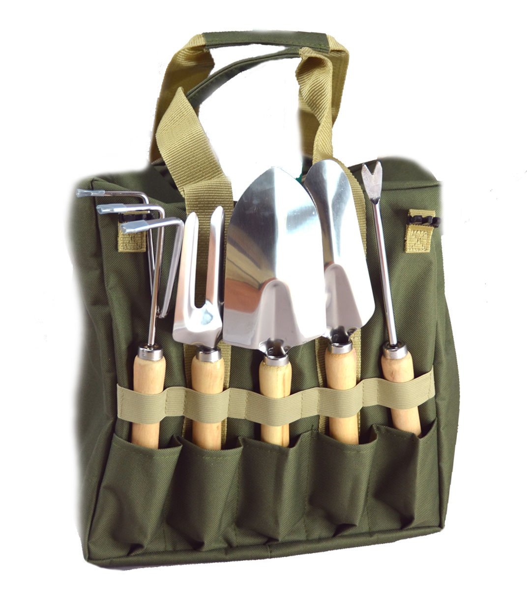 10-Piece Gardening Tool Set with Zippered Detachable Tote and Folding Stool Seat with Backrest