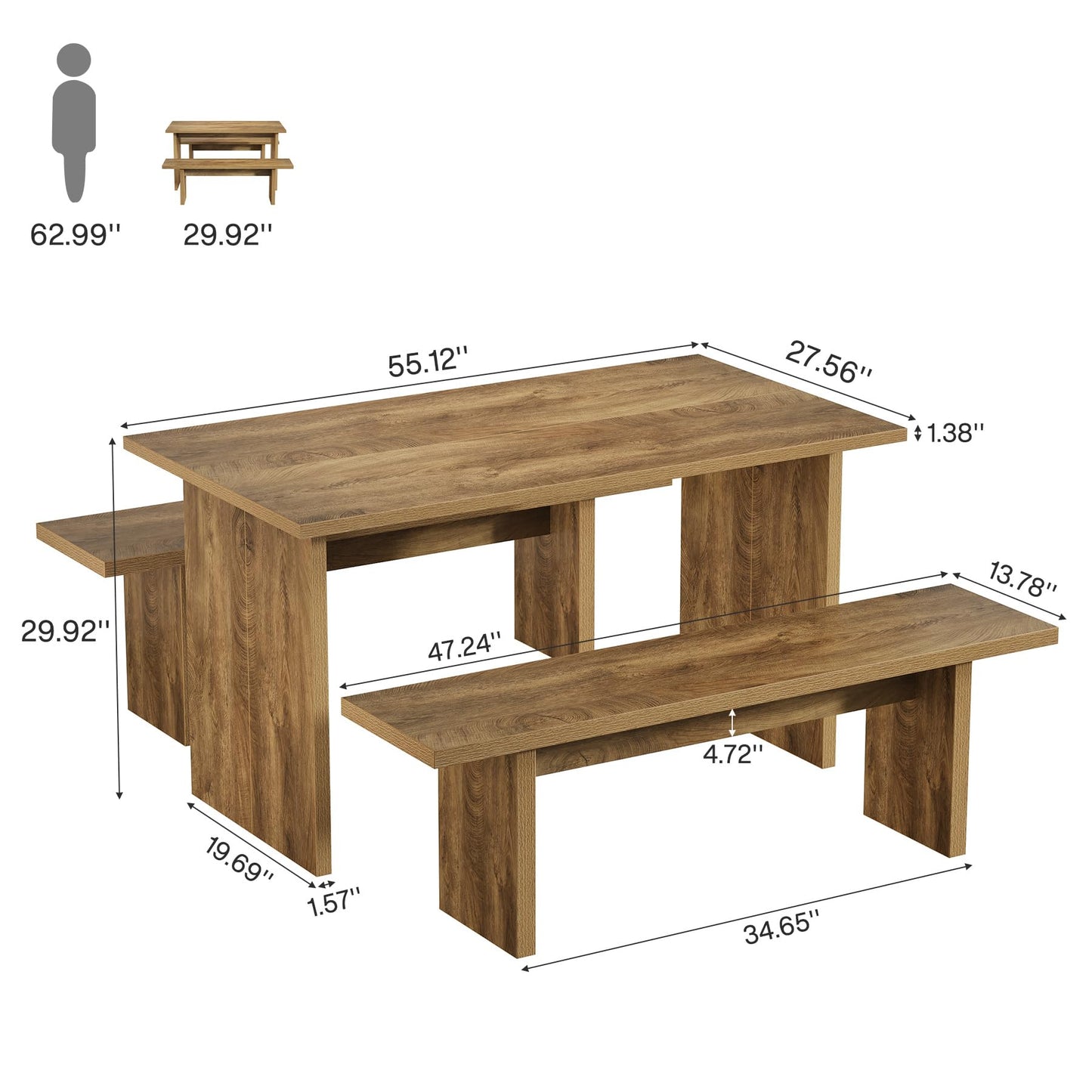Tribesigns 3 Pieces Dining Table Set with 2 Benches, 55" Farmhouse Kitchen Table Set for 4-6, Rectangular Wooden Heavy Duty Dinette for Kitchen, Dining Room, Brown