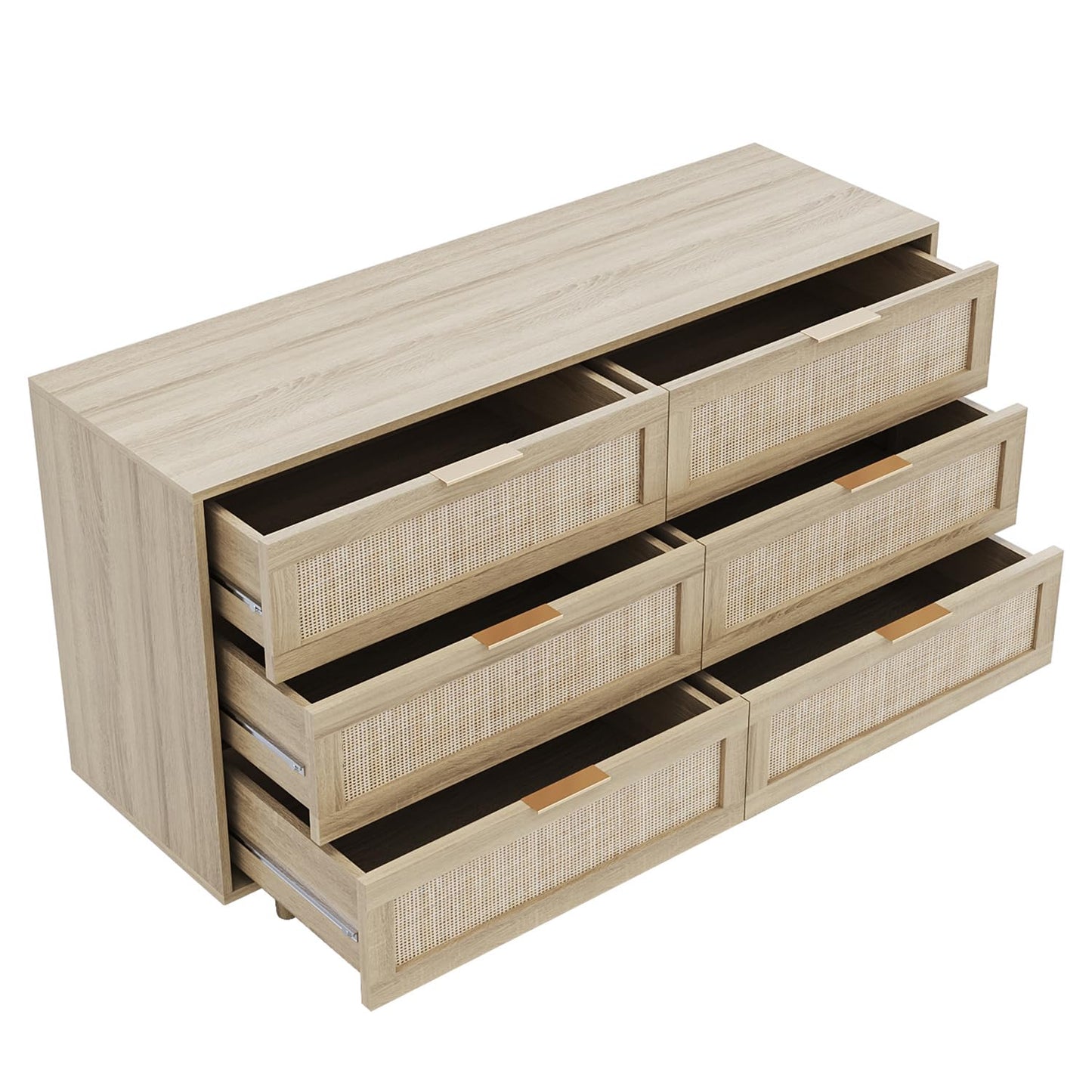 51" Rattan Dresser for Bedroom, 6 Drawer Wide Dresser, Boho&Farmhouse Chest of Drawers, Clothes Storage Cabinet, Metal Handle&Wood Legs for Hallway, Living Room, Bedroom, Wood