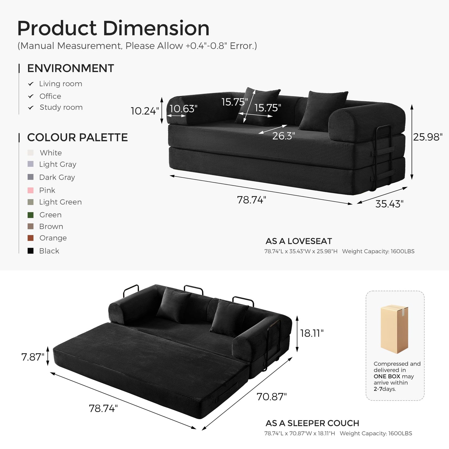 79" Convertible Sofa Bed with Fixed-Shape Frame & Removable Armrests, Modular Corduroy Sleeper Sofa, Folding Mattress Couch for Small Spaces - No Assembly Needed in Black (Includes 2 Pillows)