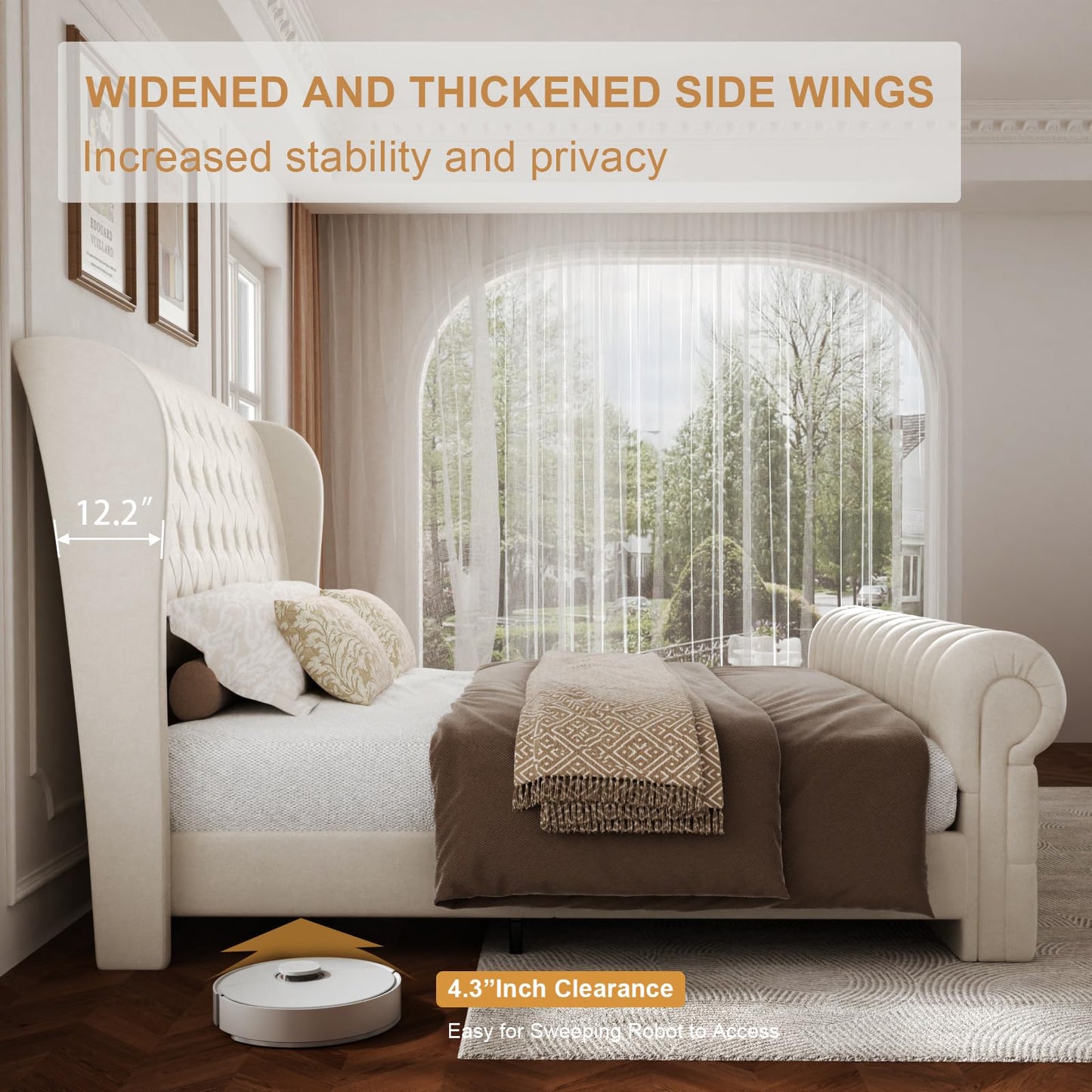 viplov Queen Size Platform Bed Frame, Chenille Upholstered Sleigh Bed with Scroll Wingback Headboard & Footboard, 52" Tall Headboard, Button Tufted, No Box Spring Required, Wood Slats Support, Beige