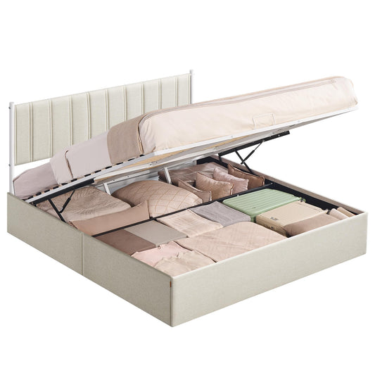 VASAGLE Lift Up Storage Bed Frame King Size, Hydraulic Platform Bed, with Upholstered Headboard, 1100 lb Weight Capacity, No Box Spring Needed, Easy Assembly, Modern, Cappuccino Beige URMB604W01V1