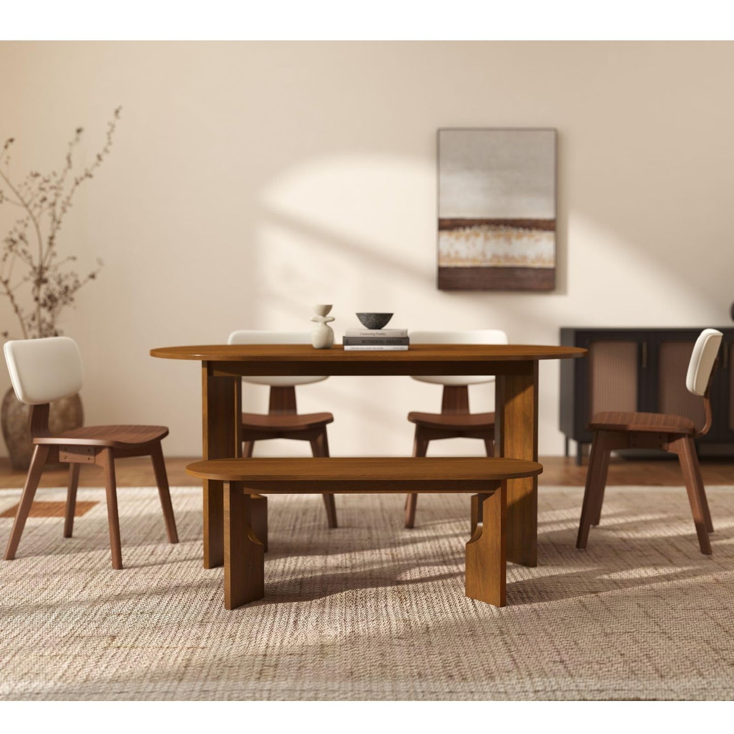 VESCASA Oval 63" L Dining Table with 47.25" L Bench, Walnut Wood Kitchen Table Set for Dining Room, Restaurant, 1 Table with 1 Bench