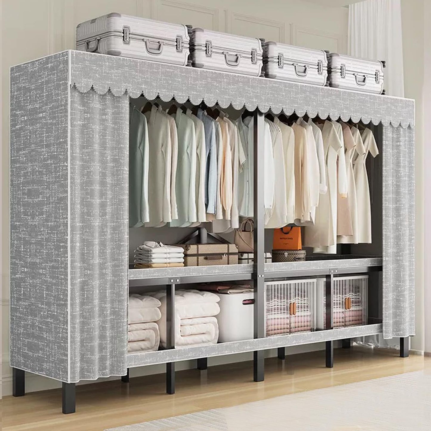 FKKPRVAX Heavy Duty Portable Closet with Cover 1200Ibs Foldable Covered Clothes Rack for Hanging Armoire Wardrobe Closet System Freestanding Coat Storage Garment Racks (168cm/66in（Hazy Gray）)