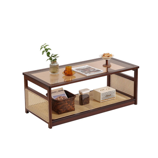 Welnow Rattan Coffee Tables for Living Room, Modern 2-Tier Coffee Table, Mid Century Rectangle Coffee Table with Storage Shelf & Glass Top, Large Boho Center Table for Apartment, Walnut