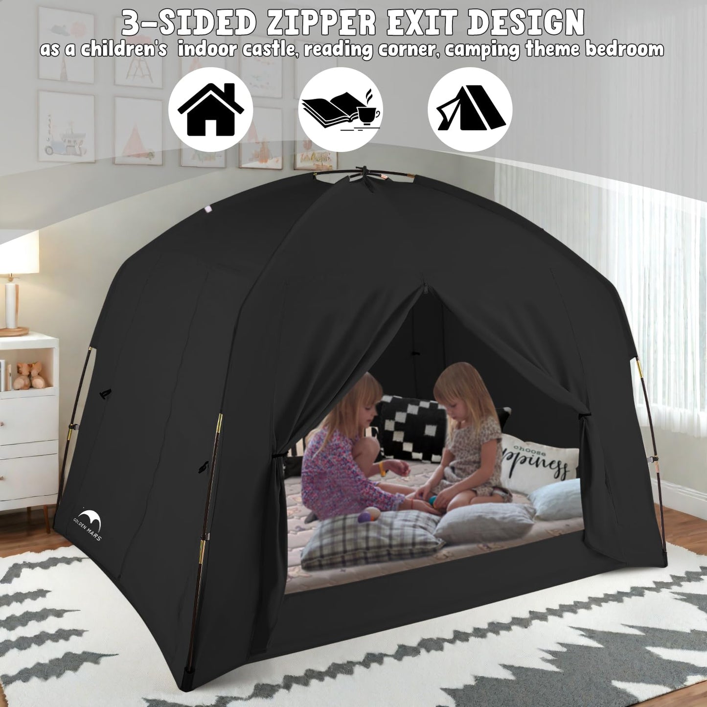 Bed Tents for Kids and Adult, Portable 100% Breathable and 93% Blackout Toddler Dream Play Tent, 3 Doors Big Privacy Space Sleeping Canopy for Floor or Twin Full Queen Sizes Bed (Black, Twin-Size)