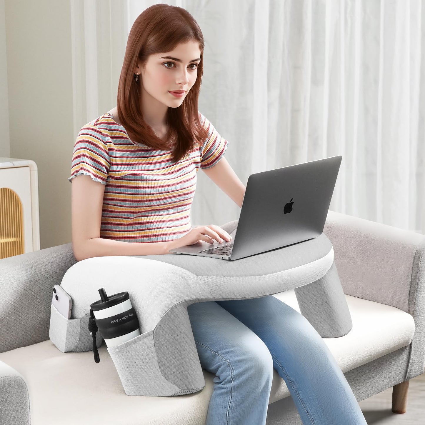 WOGAHEV Laptop Lap Desk, Reading Pillow for Bed, Memory Foam Arm Rest Support Gaming Pillow with Cup/Phone Pocket, Laptop Lap Desk for Working, Gaming, Reading on Couch Bed Floor- White