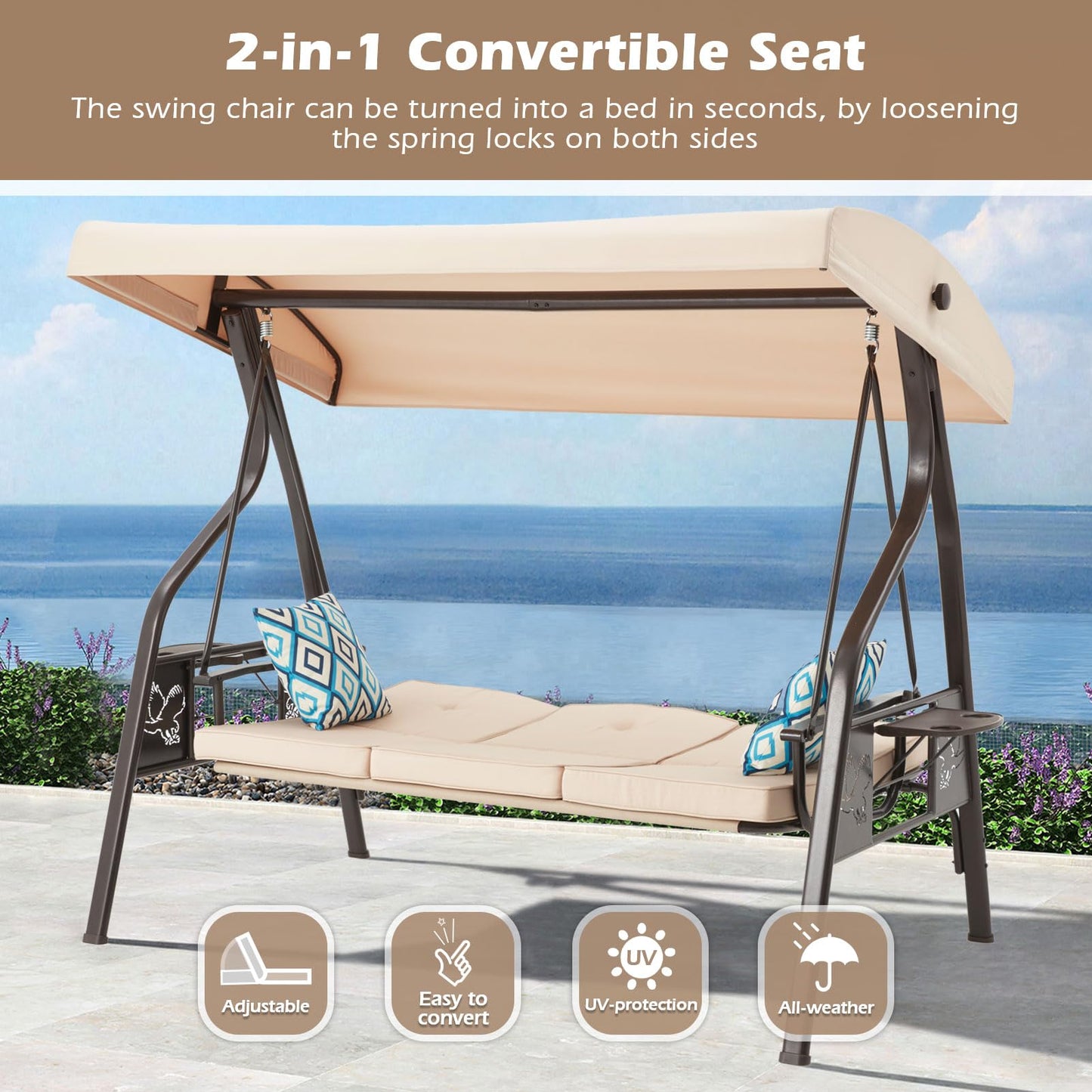 ZZW 3-Seat Outdoor Porch Swing with Stand, Patio Swing with Canopy, 2 in 1 Porch Swing Bed & Patio Swing Chair for Adult, w/Extra Pillows and Cup Holder for Yard