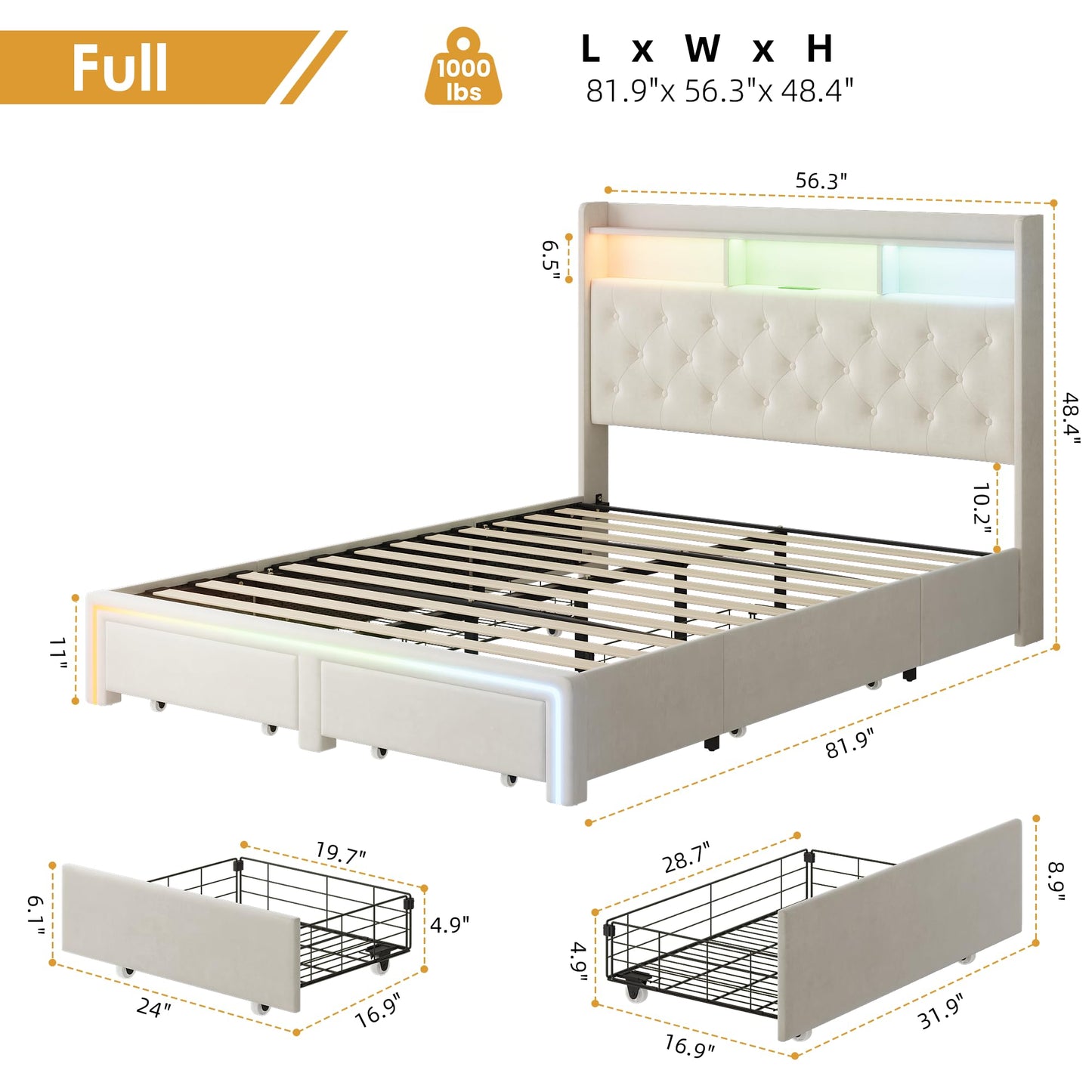 VINTLJUS Full LED Bed Frame with Storage Headboard & Charging Station, Velvet Fabric Platform Bed Frames with 4 Drawers, Button Tufted Upholstered, No Box Spring Needed, Beige