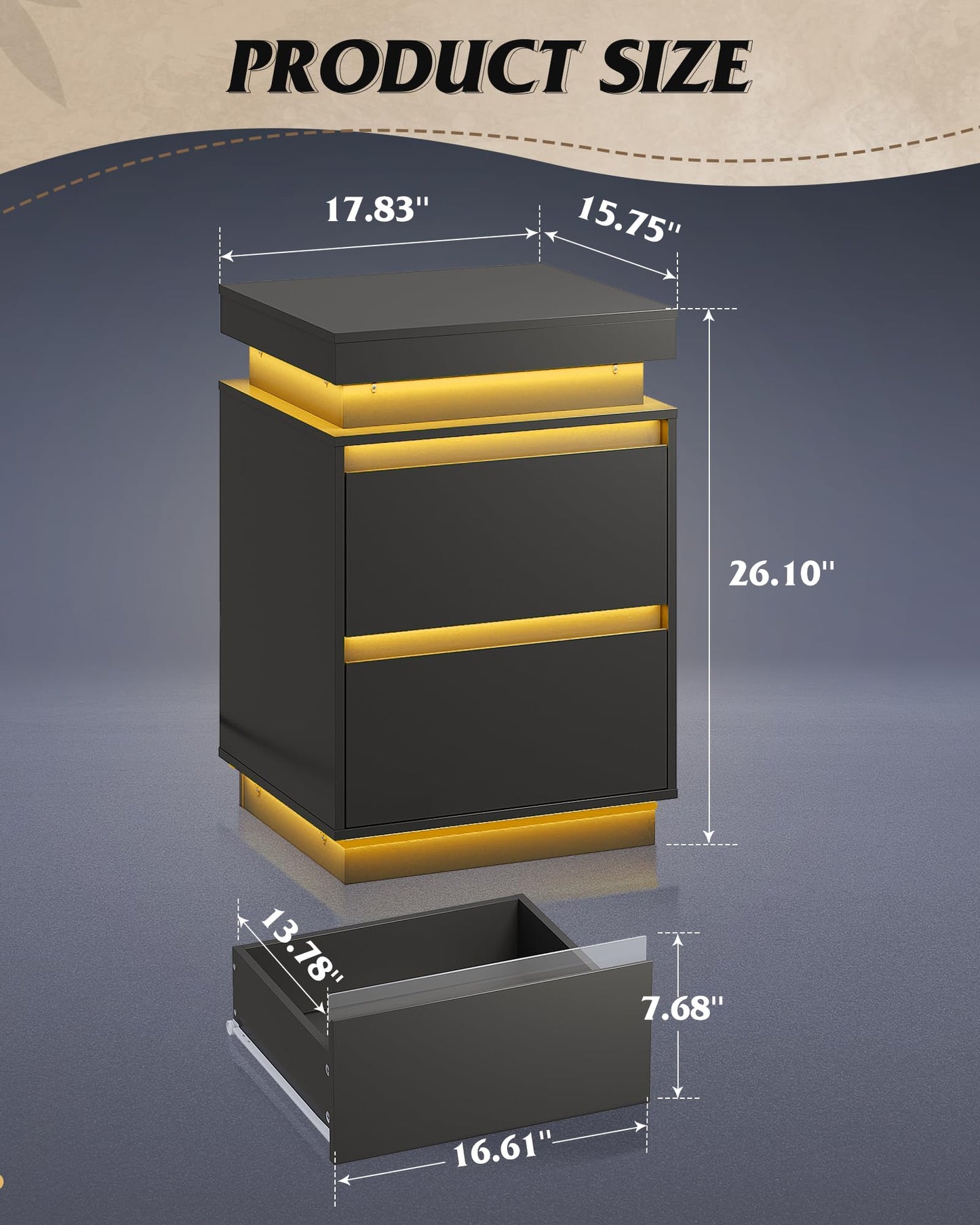 WLIVE Black Nightstand with Charging Station and LED Lights, Bedside Table with 2 Wooden Drawers and Sliding Top, Modern End Table Side Table for Bedroom, Living Room, Office