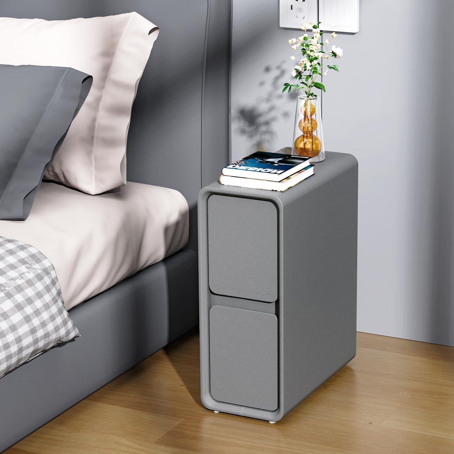 VICITON Modern Narrow Faux Leather Nightstand, Solid Wood Drawer, Storage Accent Table, Small Side End Table for Bedroom (Gray, Narrow)