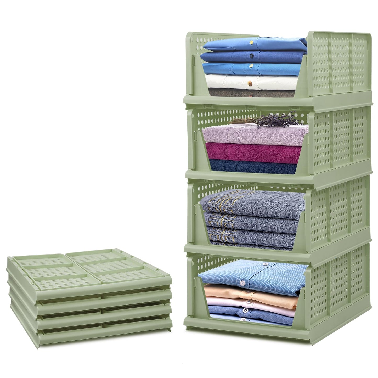 4-Pack Folding Wardrobe Storage Box Plastic Drawer Organizer Stackable Shelf Baskets Cloth Closet Container Bin Cube Home Office Bedroom Laundry Drawer Dividers for Clothes Toy Organization (Green)