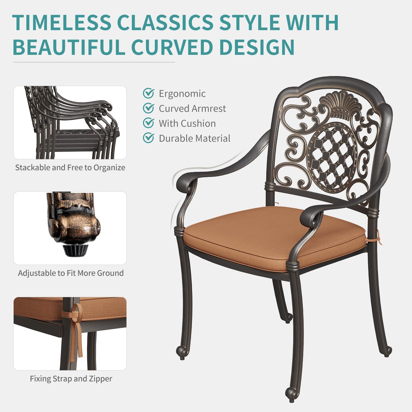 2 Piece Patio Dining Chairs with Cushions, Outdoor All-Weather Cast Aluminum Chairs, Patio Bistro Dining Chair Set of 2 for Garden Deck Backyard, Dark Bronze