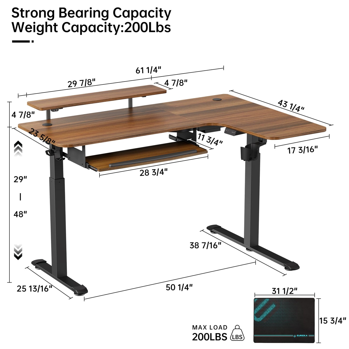 EUREKA ERGONOMIC Standing Desk Electric Adjustable Height (61"x43") Computer Desk with Keyboard Tray Sit Stand Desk L Shaped Desk for Work/Home Office,Dual Motor,Memory Presets,2 USB/RGB,Walnut/Right