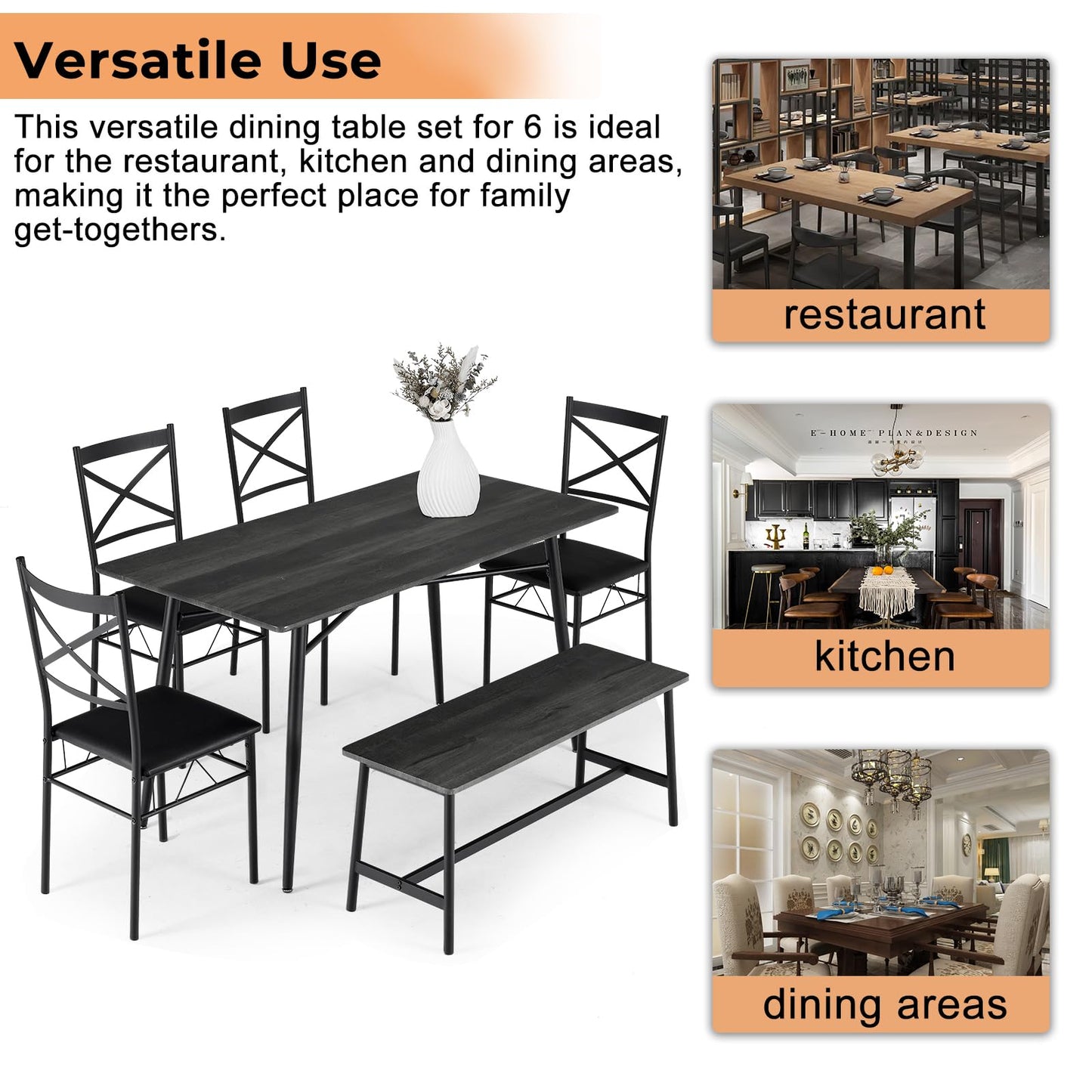 VINGLI Dining Table Set for 6,Farmhouse Rectangular Kitchen Dining Table,4 Chairs & Bench,Wooden Dinner Table Set with Upholstered Chairs for Kitchen, Dining Room, Apartment,Dark Grey,55in