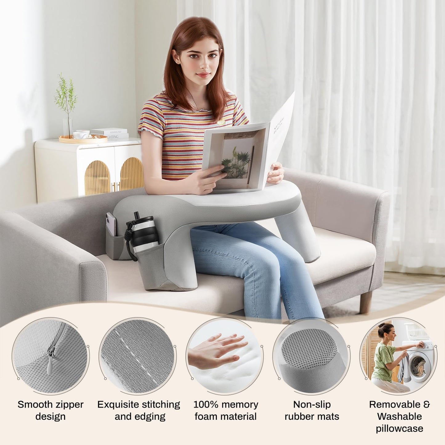 WOGAHEV Reading Pillow for Bed, Lap Desk for Laptop, Memory Foam Arm Rest Support Gaming Pillow with Cup/Phone Pocket, Laptop Lap Desk for Working, Gaming, Reading on Couch Bed Floor- Grey