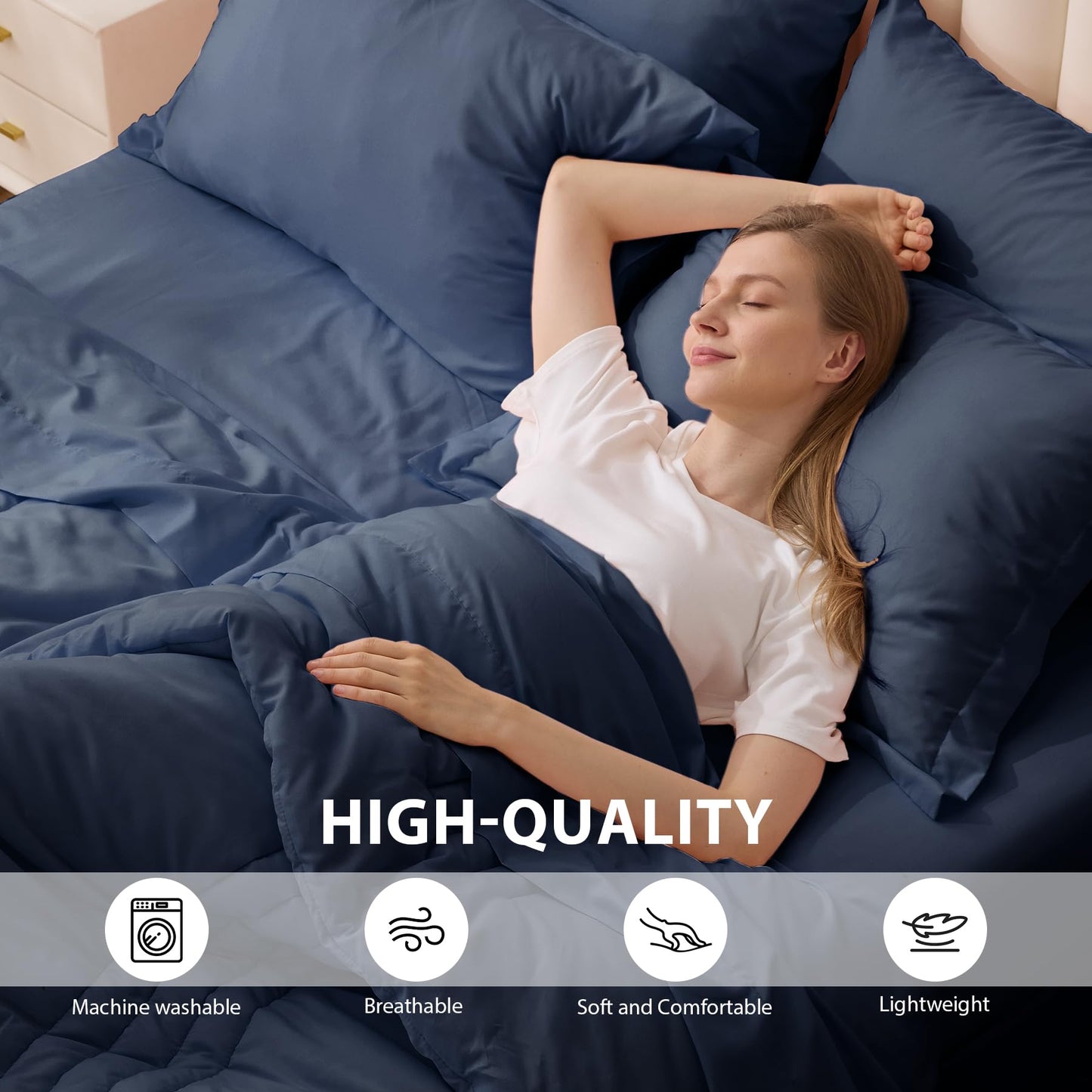 Velorose Queen Comforter Set Navy - Bed in a Bag Queen Size 7 Pieces, Soft Bedding Set for All Seasons, Premium Queen Comforter Set with Comforter, Sheets, Pillowcases & Shams