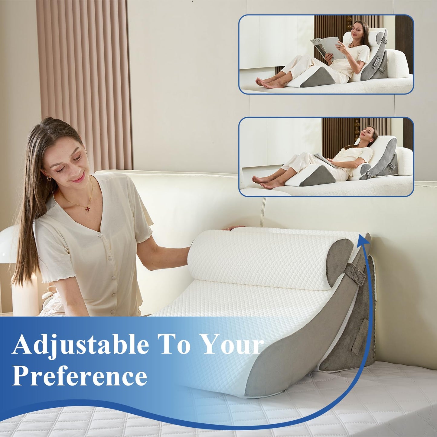 4PCS Orthopedic Bed Wedge Pillow Set, Post Surgery 45D Memory Foam for Back, Neck, and Leg Pain Relief Pleasing & Adjustable Support Pillows-Ease Acid Reflux & GRED with Better Sleep,White Light Grey