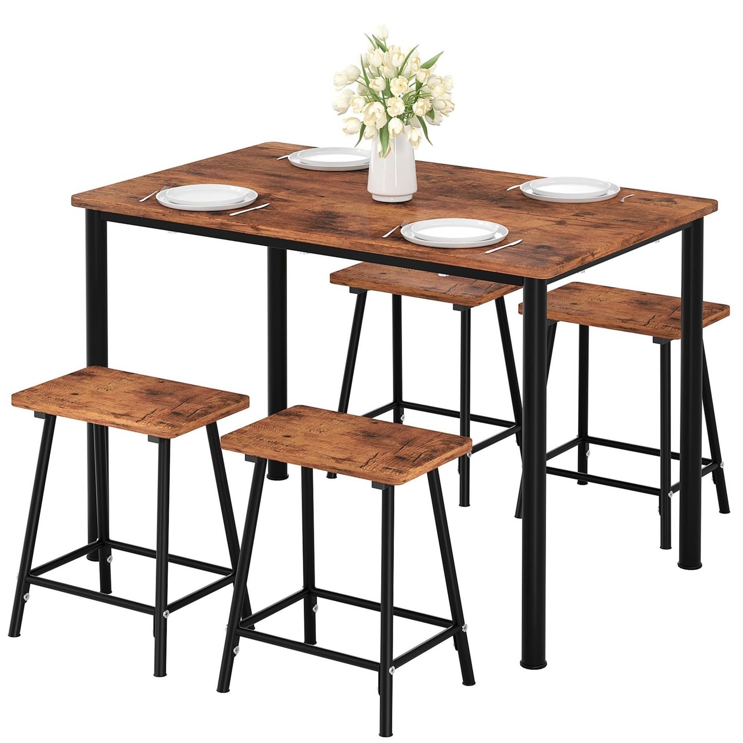 VECELO Kitchen Table and Chairs for 4, Dining Room Set with Chairs/Stools, Heavy-Duty Metal Frame with Wooden Tabletop for Small Spaces, Easy Assembly, Retro Brown