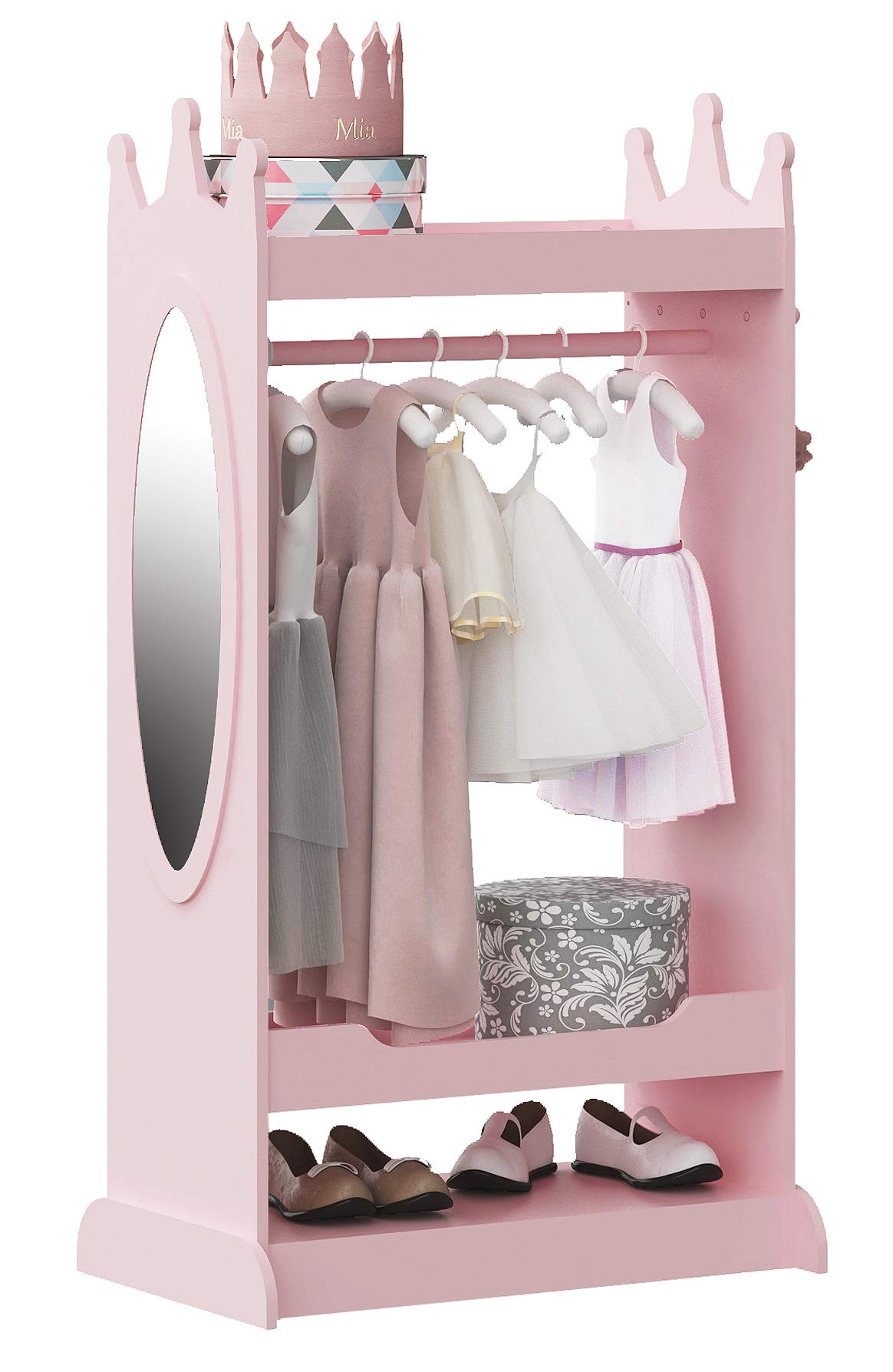 UTEX Kids Dress up Storage with Mirror,Costume Wardrobe for Kids, Open Hanging Armoire Closet,Pretend Storage Closet, Costume Storage Dresser (Pink)