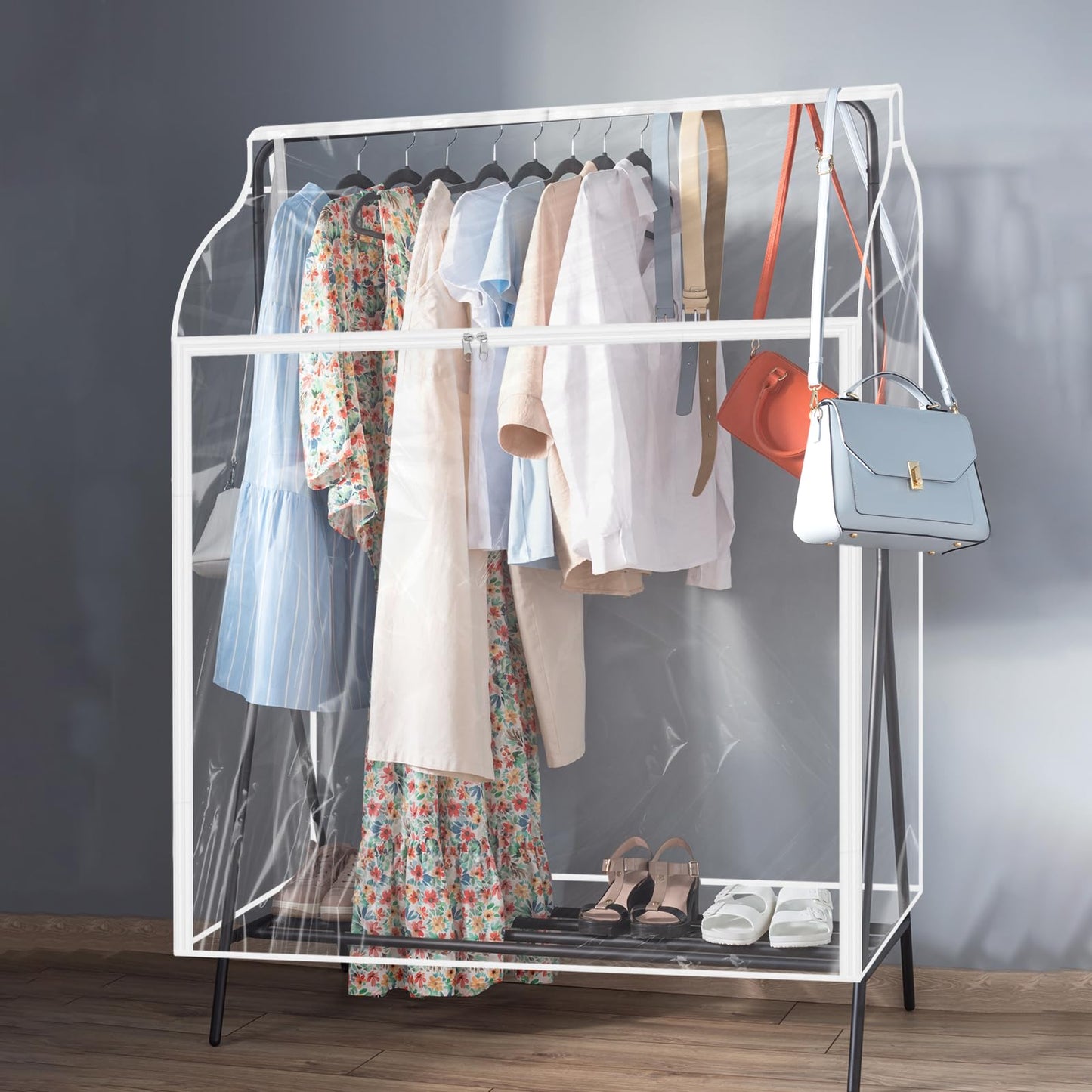 2 Pack Clear Garment Rack Cover Hanging Garment Bag for Closet Dustproof Clothes Rack Cover with Clear Window and Zipper Large Clothing Bags Dress Protector