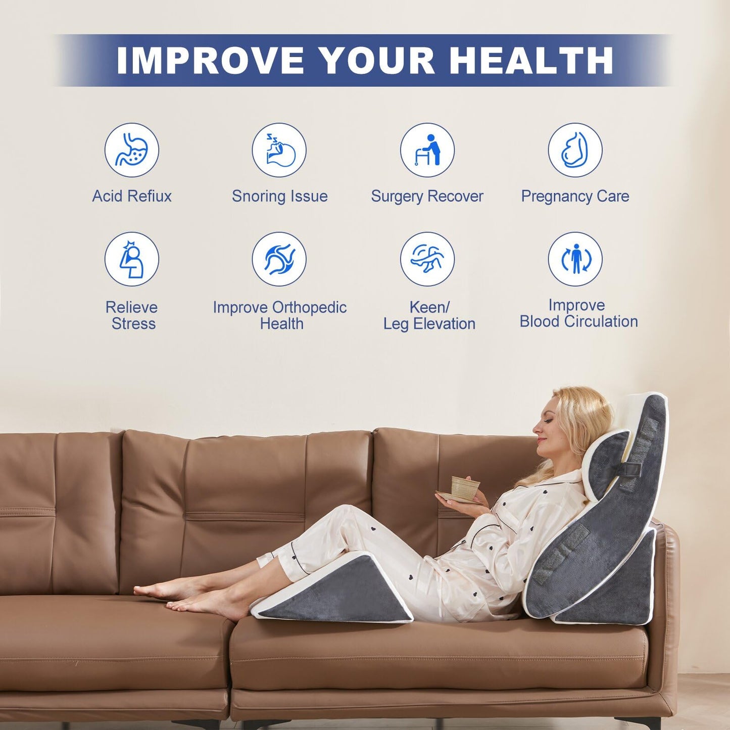 4PCS Orthopedic Bed Wedge Pillow Set for Sleeping, Post Surgery Foam Support Pillows for Back, Neck and Leg Pain Relief, Adjustable Triangle Pillow – Acid Reflux, GERD & Snoring Recovery, White Grey