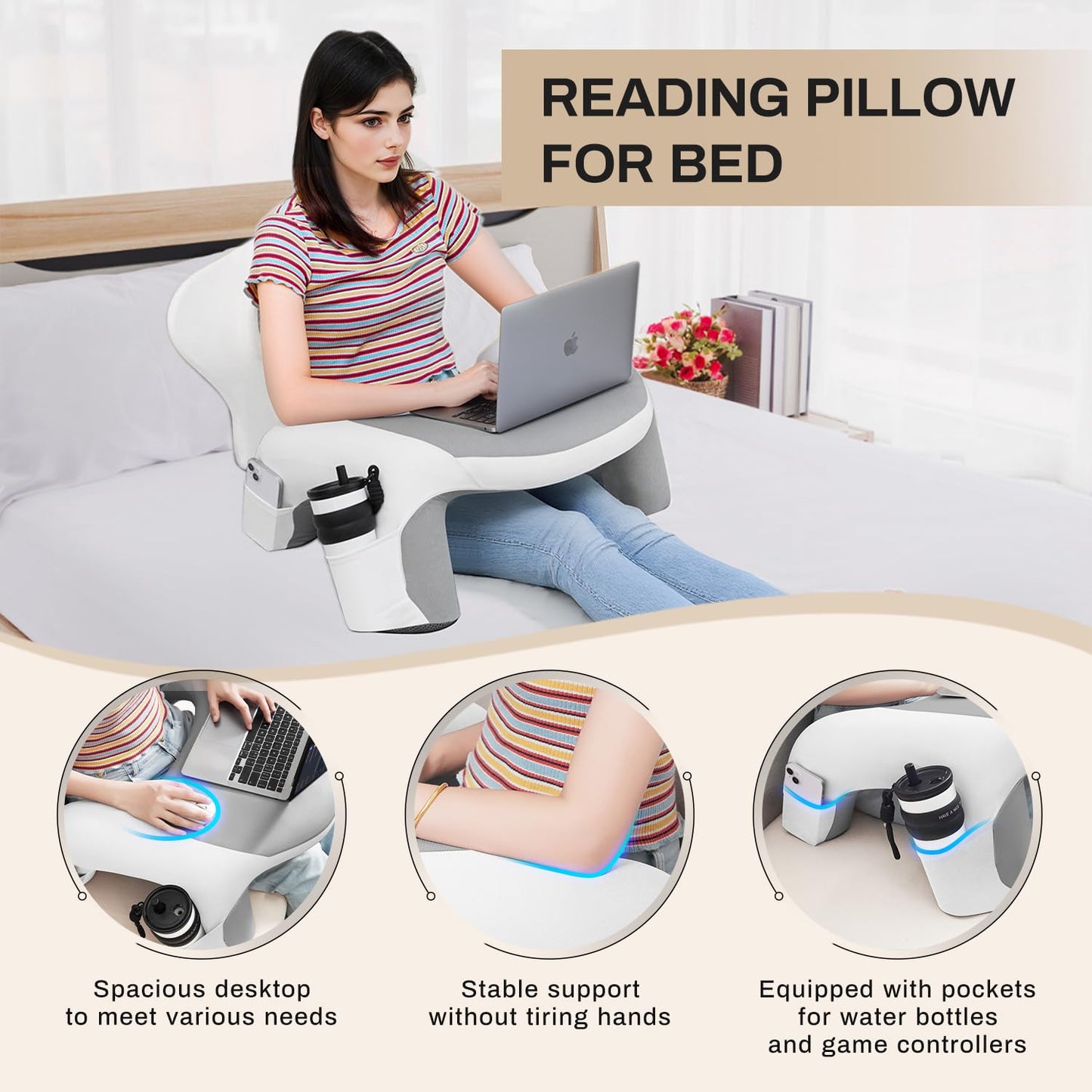 WOGAHEV Laptop Lap Desk, Reading Pillow for Bed, Memory Foam Arm Rest Support Gaming Pillow with Cup/Phone Pocket, Laptop Lap Desk for Working, Gaming, Reading on Couch Bed Floor- White