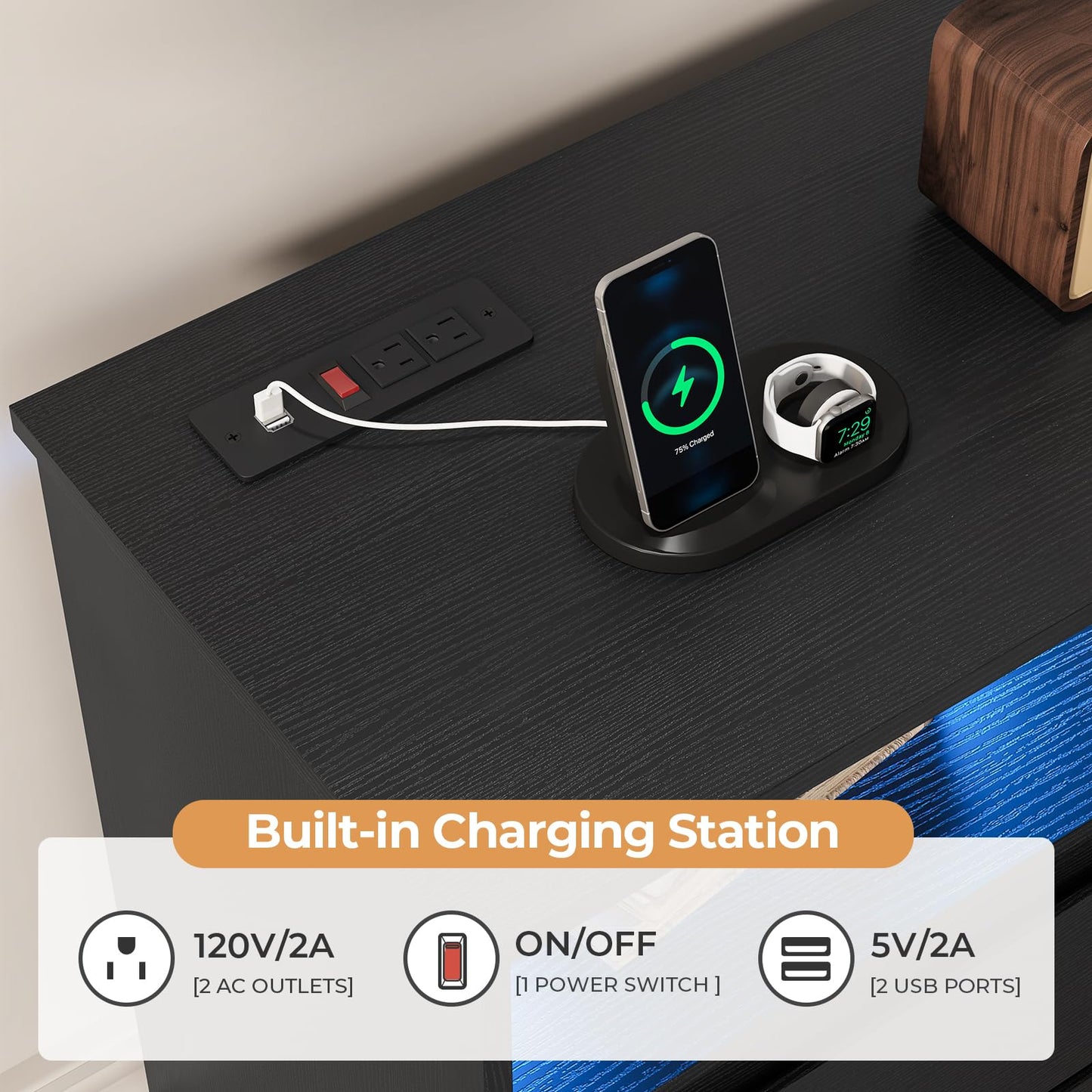 DICTAC Black Dresser for Bedroom with LED Lights with Charging Station, 6 Drawer Double Dresser with No Handle Drawers, Modern Chest of Drawers for Living Room, Entryway