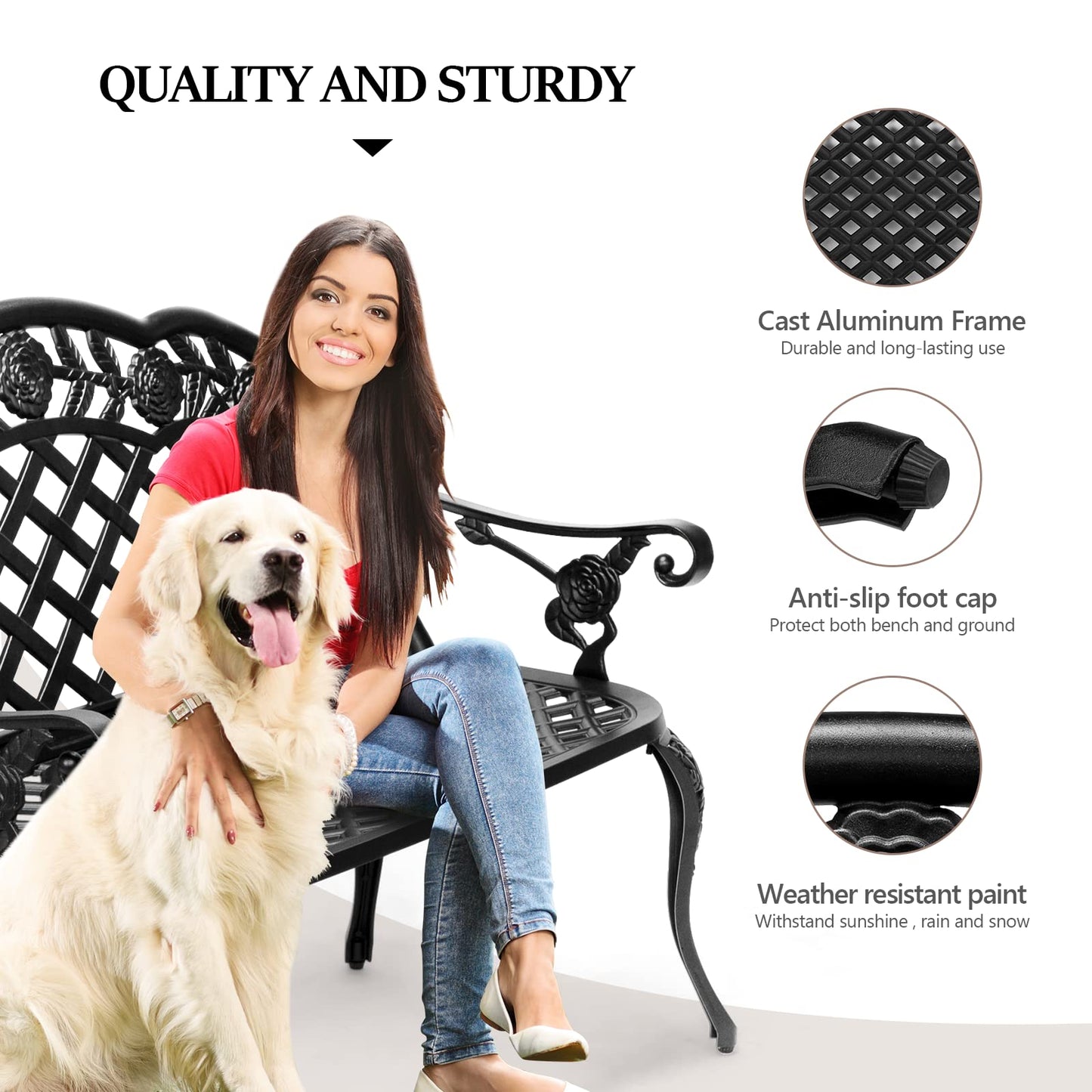 VINGLI 42.5" Outdoor Bench, Antique Cast Aluminum Front Porch Bench Metal Garden Benches Cast Iron Benches 2-3 People Seating (Black)