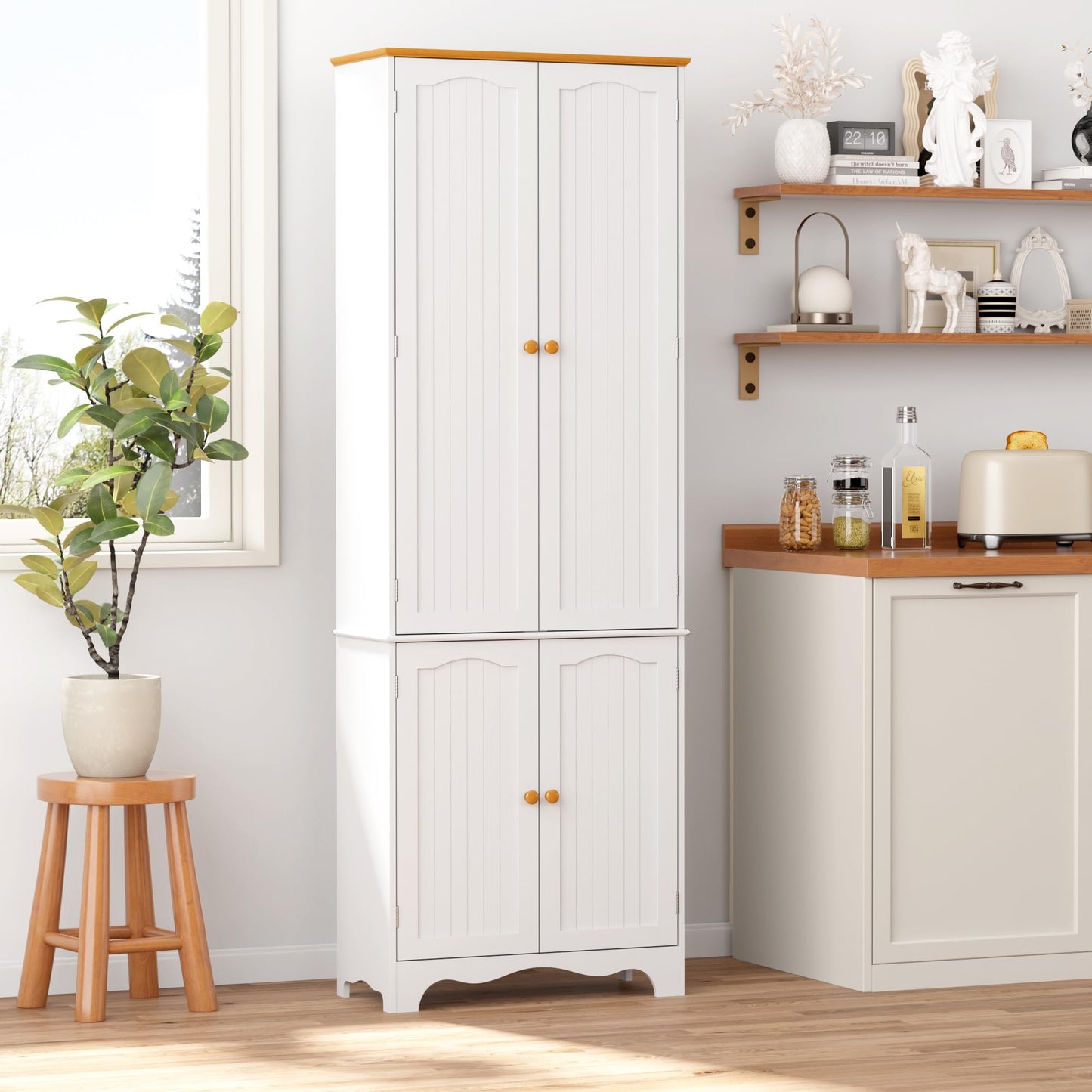 Yusong 72'' Tall Kitchen Pantry Cabinet, Freestanding Storage Cabinet with Doors and Shelves, Wooden Food Pantry Farmhouse Cupboard Buffet for Kitchen Dining Living Room, White