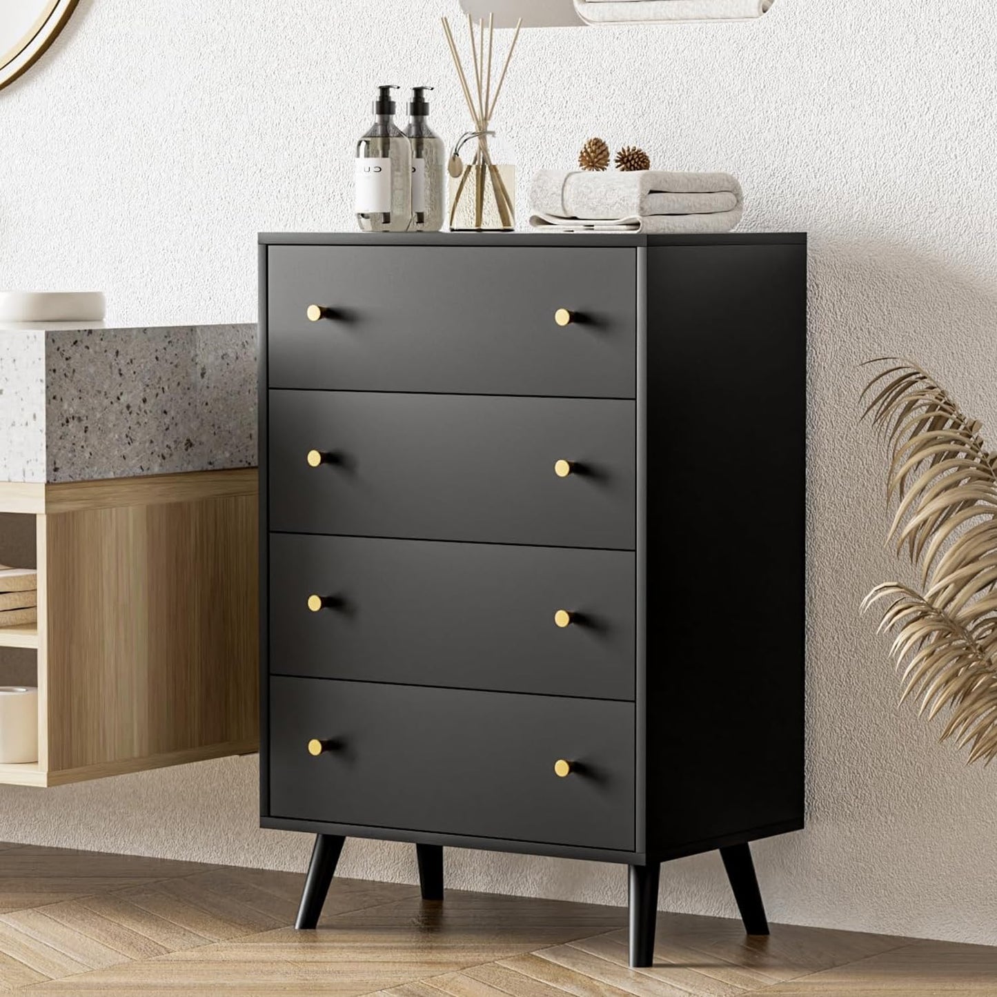 Wananlanen Black Dresser 4 Drawer, Chest of Drawers for Bedroom, Modern Black Dresser with Gold Handles for Bedroom