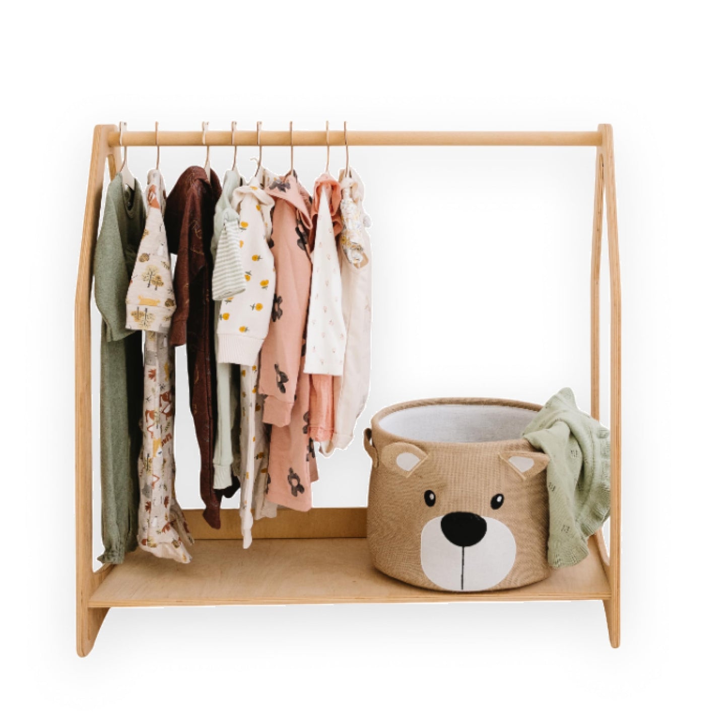 WOOD&ROOM Montessori Kids Clothing Rack with Shelf - Wooden Toddler Dress Up Clothes Rack - Kids Clothing Storage, Childrens Wardrobe Closet, Dressup Storage Organizer, Mini Closet For Kids Room