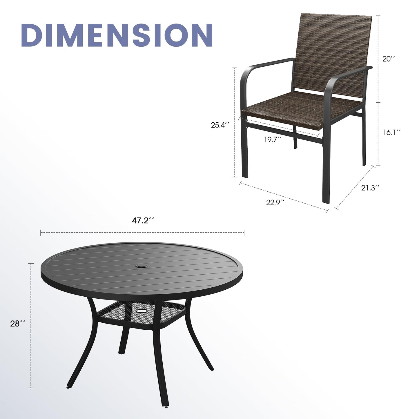 VICLLAX 7 Pieces Round Outdoor Dining Set with Rattan Patio Chairs, 47 Inch Round Patio Table, Adjustable Umbrella Hole & Storage Shelf – Patio Furniture for Backyard, Brown Wicker and Black Tabletop
