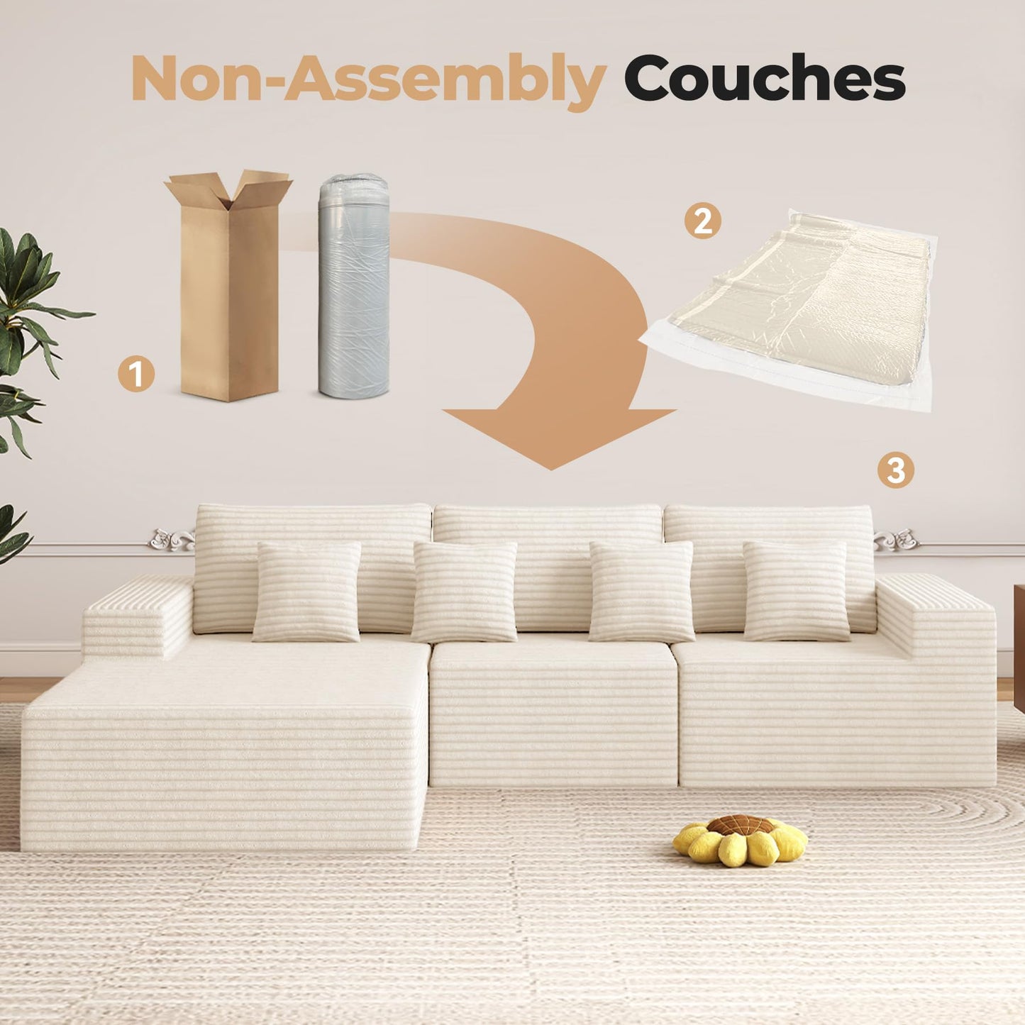 111‘’ Modular Sectional Cloud Couches with L Shaped Chaise, Upholstered Deep Seat Boneless Sofa for Living Room, Bedroom, No Assembly Required-Beige