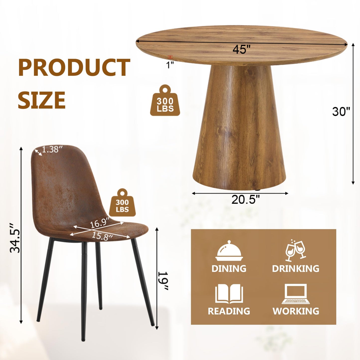 Vohuai Round Dining Table Set for 4,45'' Farmhouse Dining Room Table Set for 4 with Suede Chairs,1" Thick Wood Pattern Tabletop with Conical Base,Round Kitchen Table Set for Dining Room,Apartment