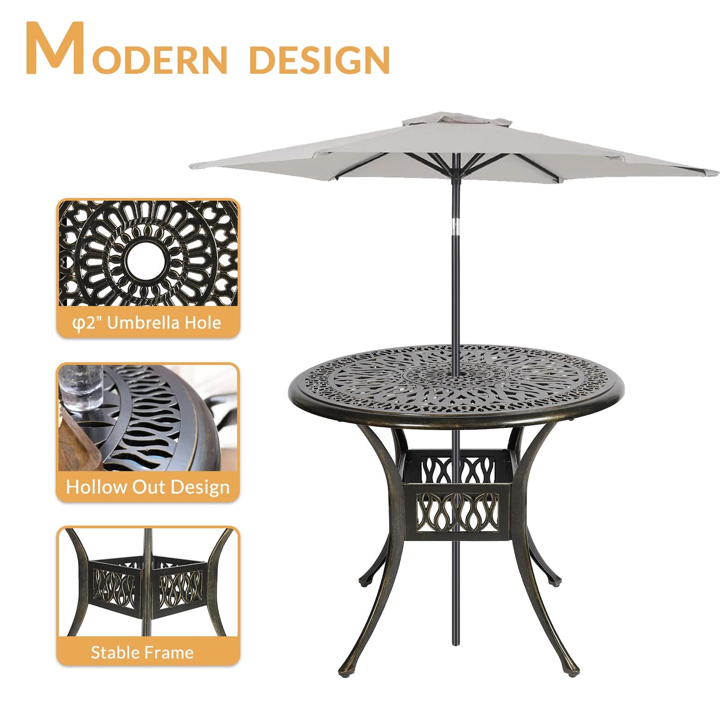 W WARMHOL 3-Piece Outdoor Patio Dining Set, All-Weather Cast Aluminum Patio Furniture Set for Backyard Garden Deck with 2 Chairs and 35.4” Round Table, 2" Umbrella Hole